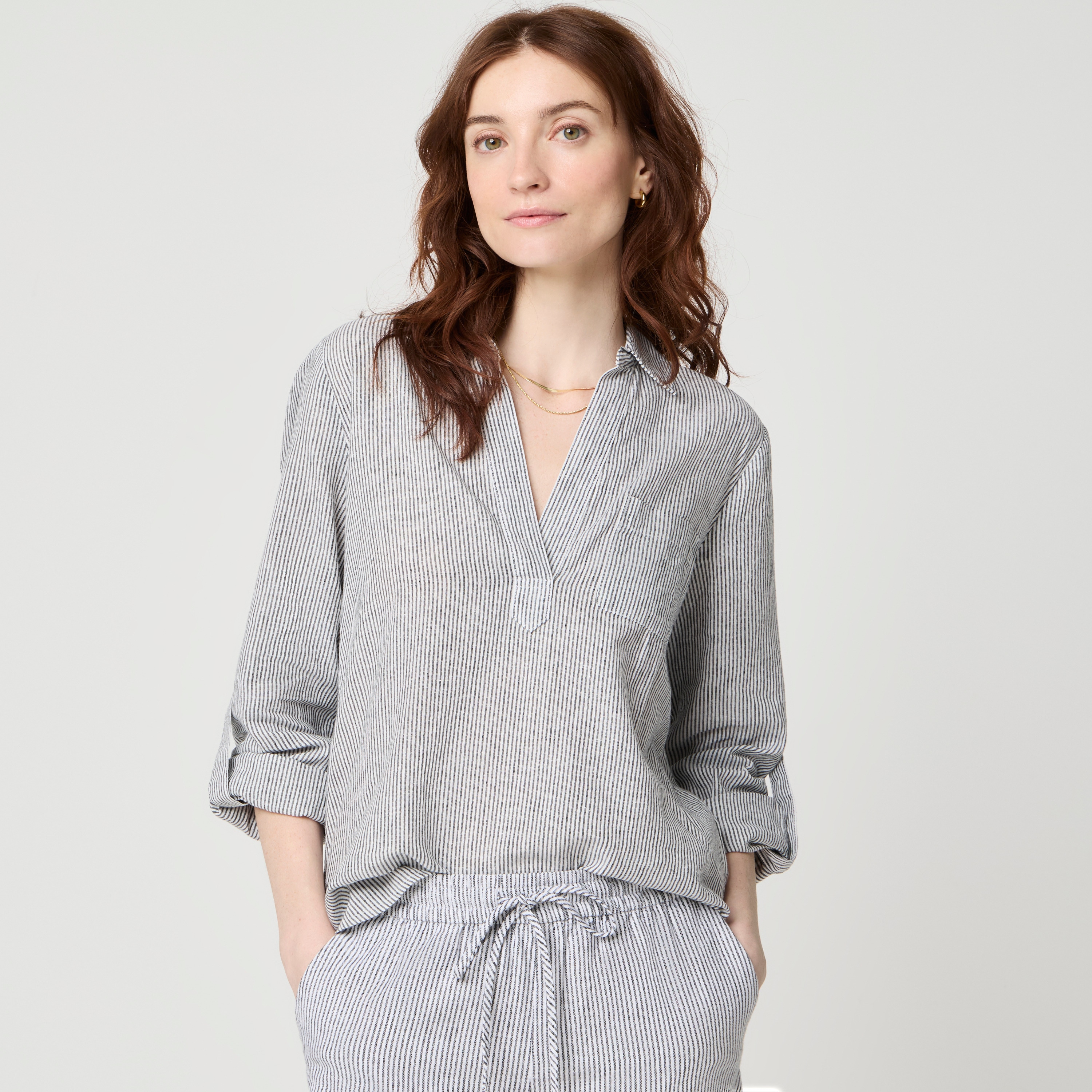 Striped linen-blend popover top