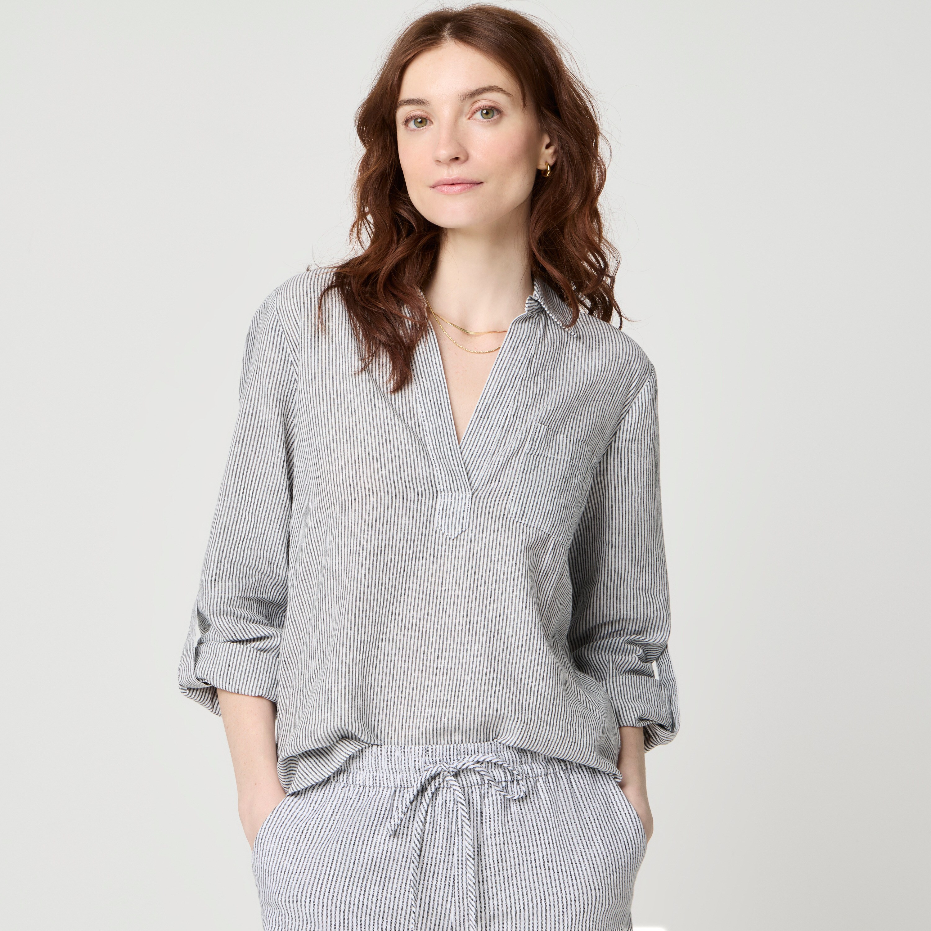 Striped linen-blend popover top