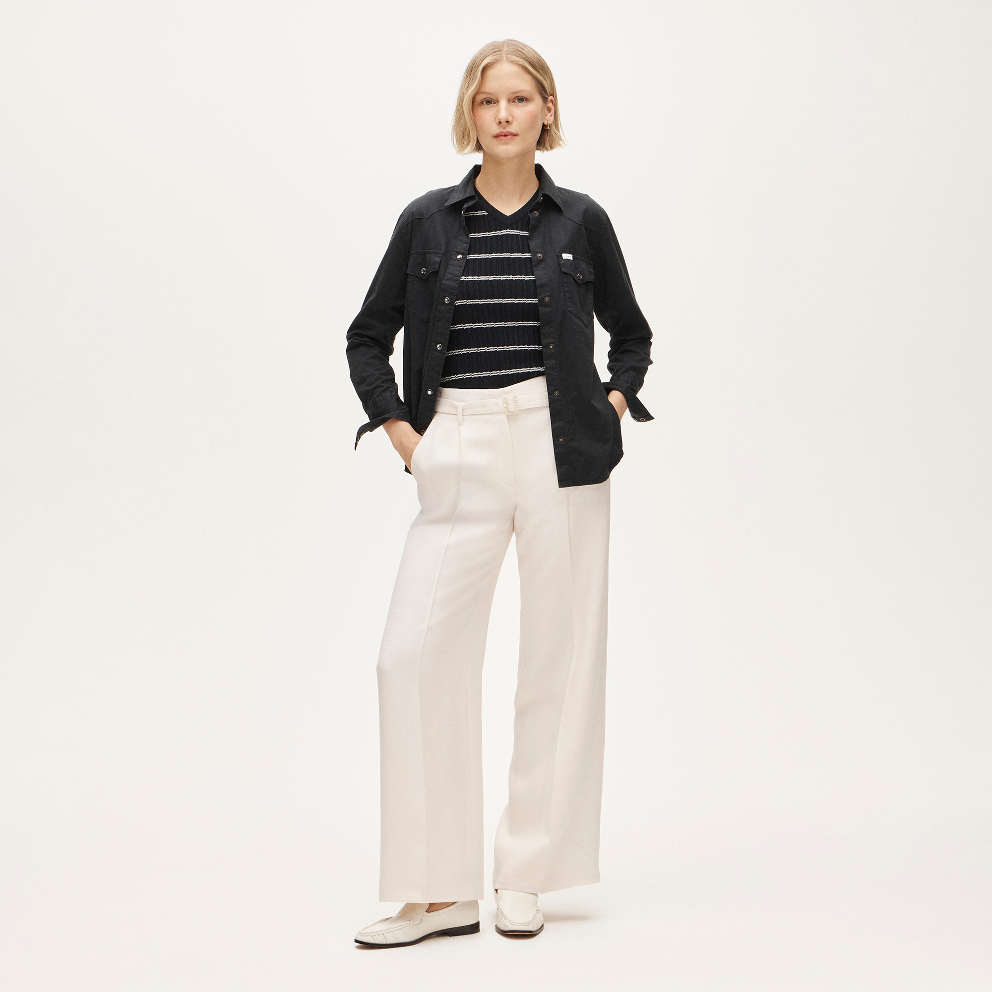 High V-neck ribbed pointelle sweater-tee in stripe - image 3