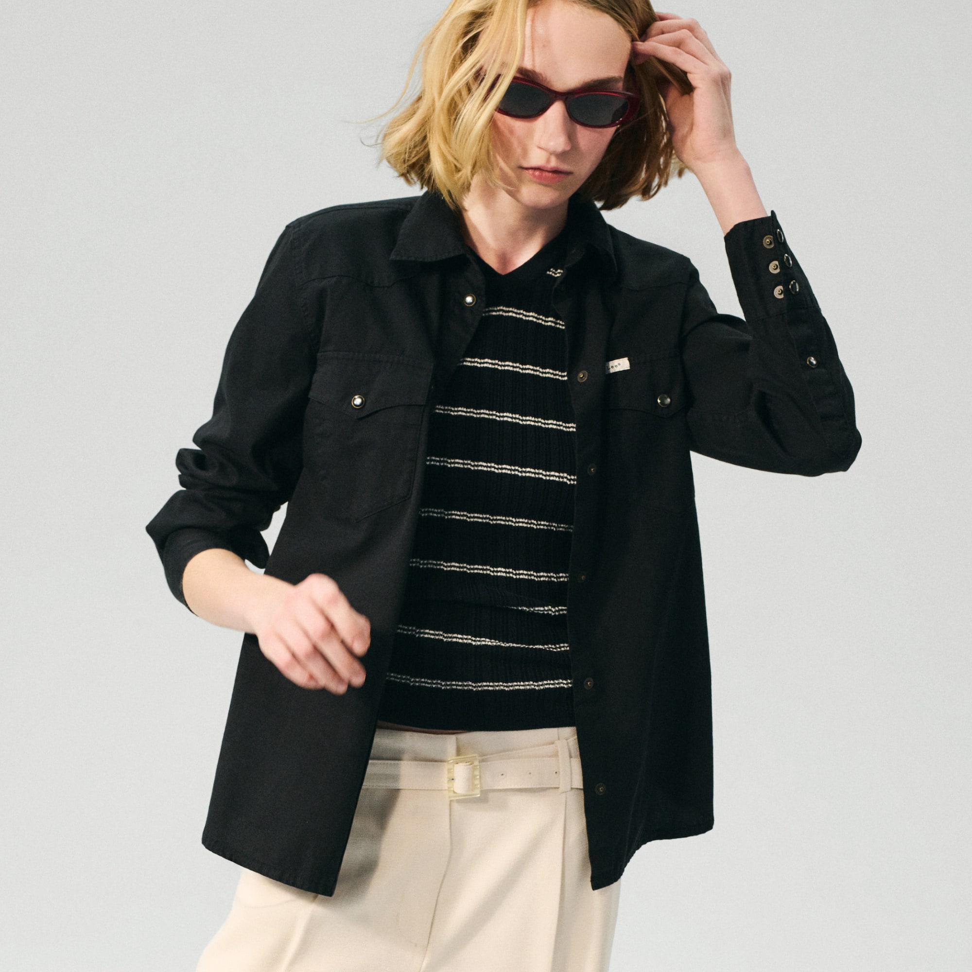 High V-neck ribbed pointelle sweater-tee in stripe - image 5