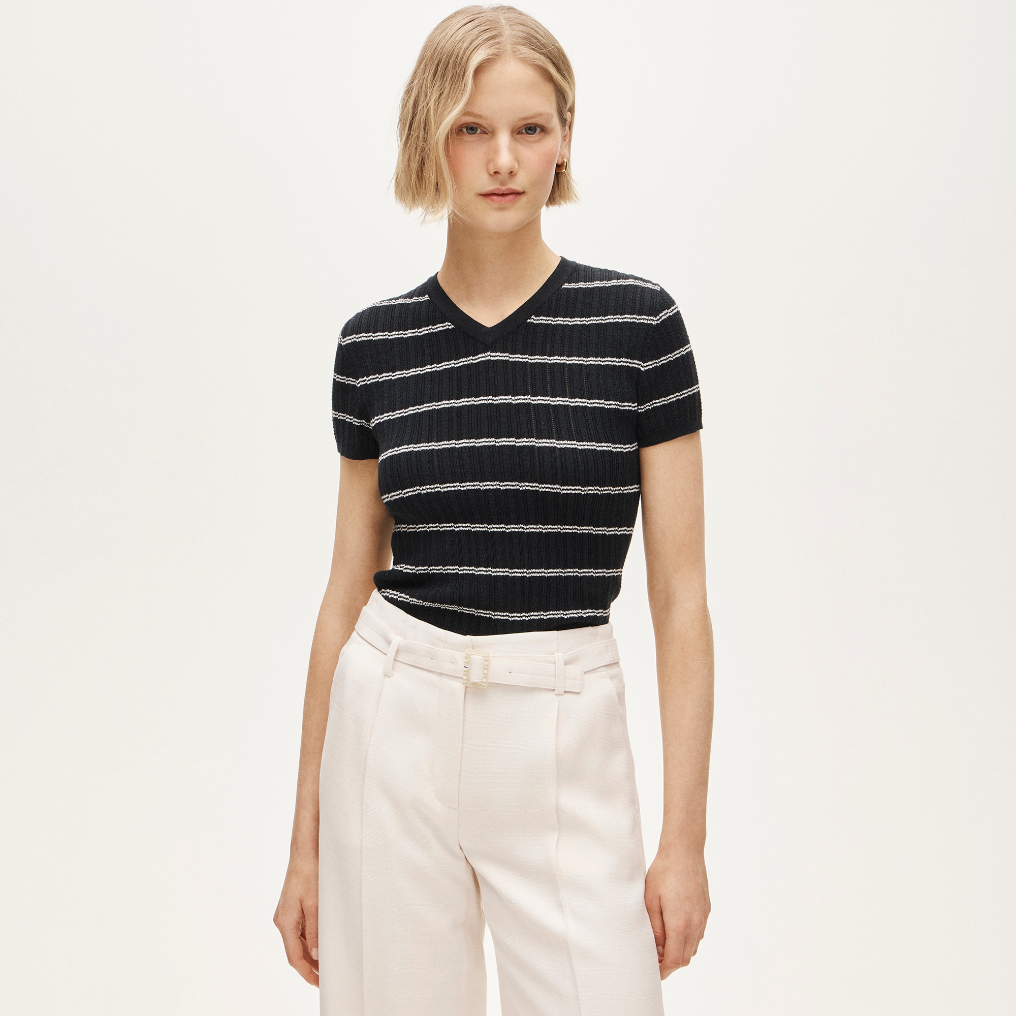High V-neck ribbed pointelle sweater-tee in stripe - image 2