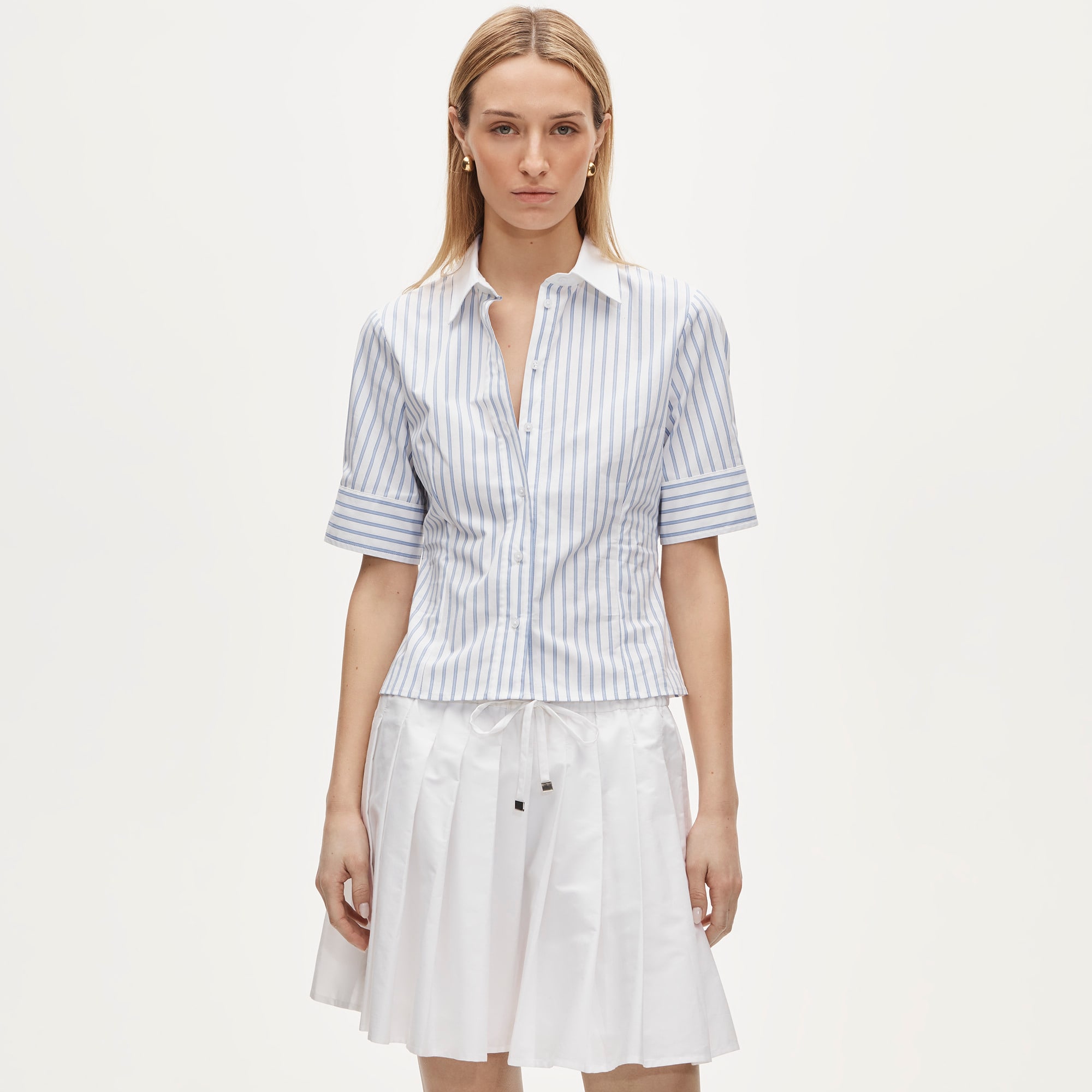 Eleanor slim-fit elbow-sleeve shirt in striped cotton poplin
