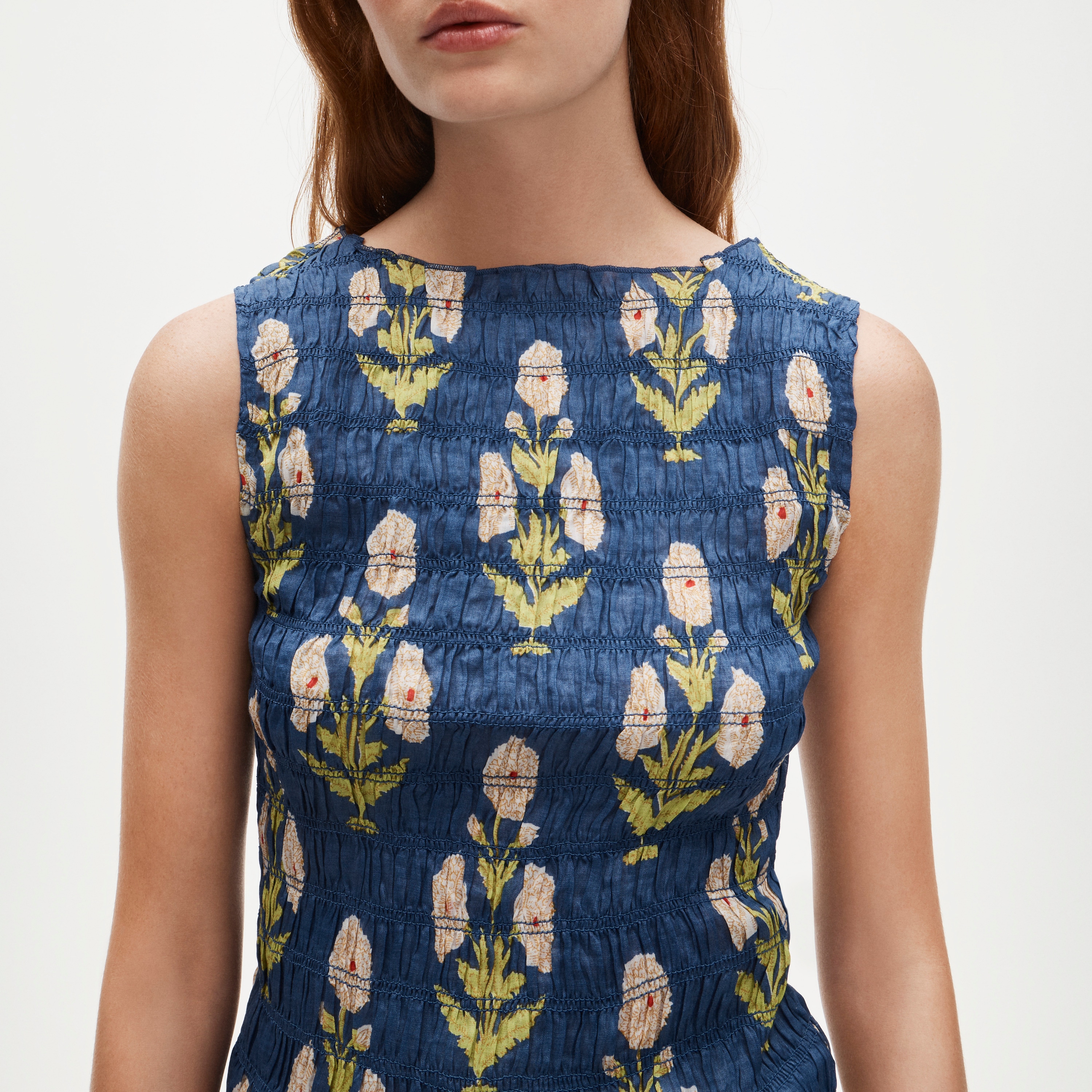 Smocked shell top in marigold block-print ramie