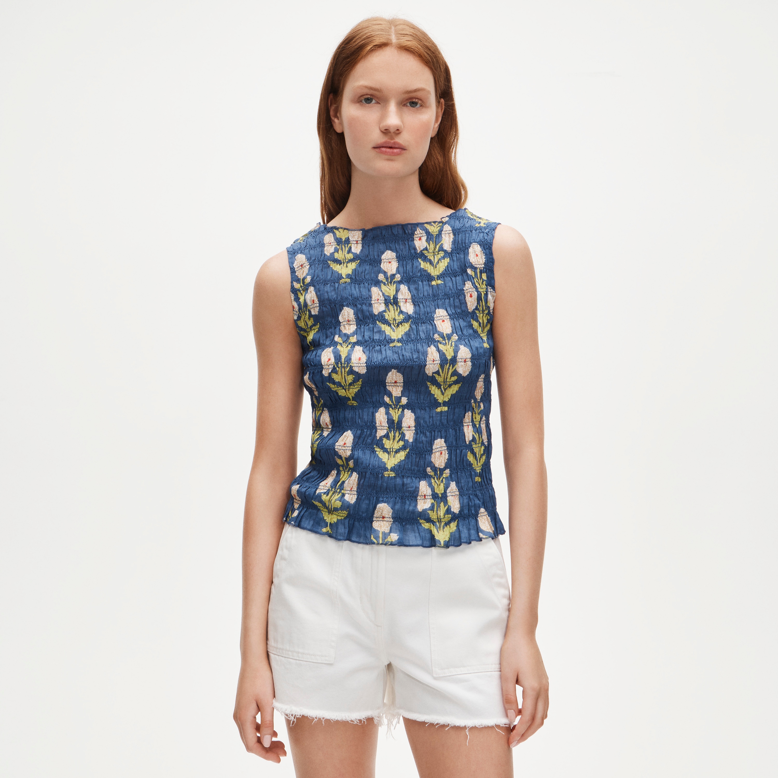 View Smocked shell top in marigold block-print ramie