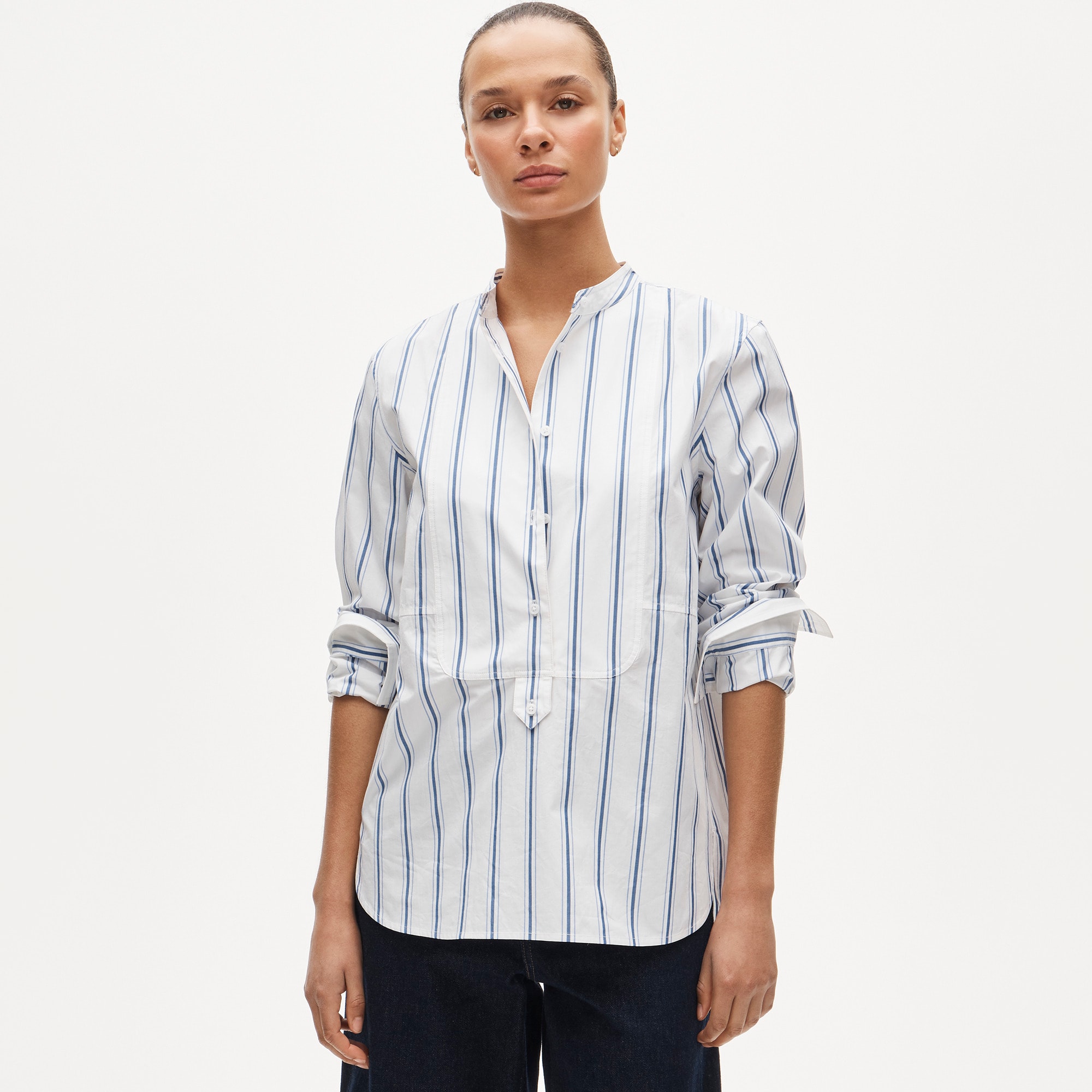 Tuxedo-bib button-up shirt in striped cotton poplin - image 2