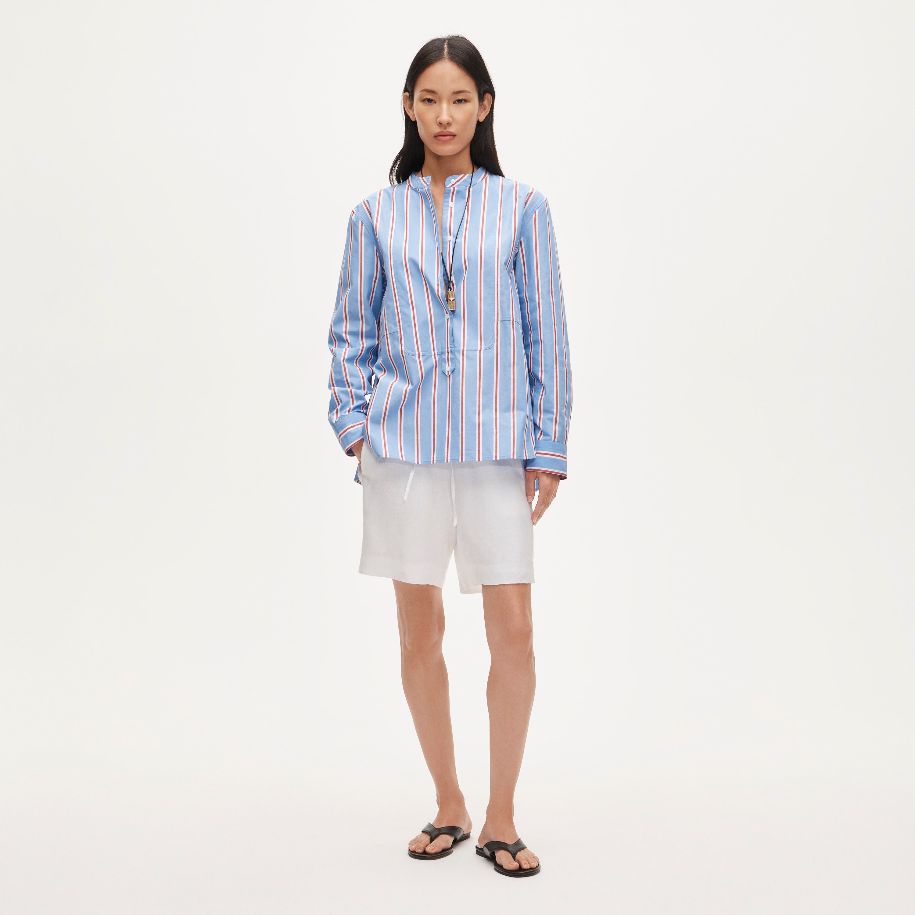 Tuxedo-bib button-up in striped cotton poplin