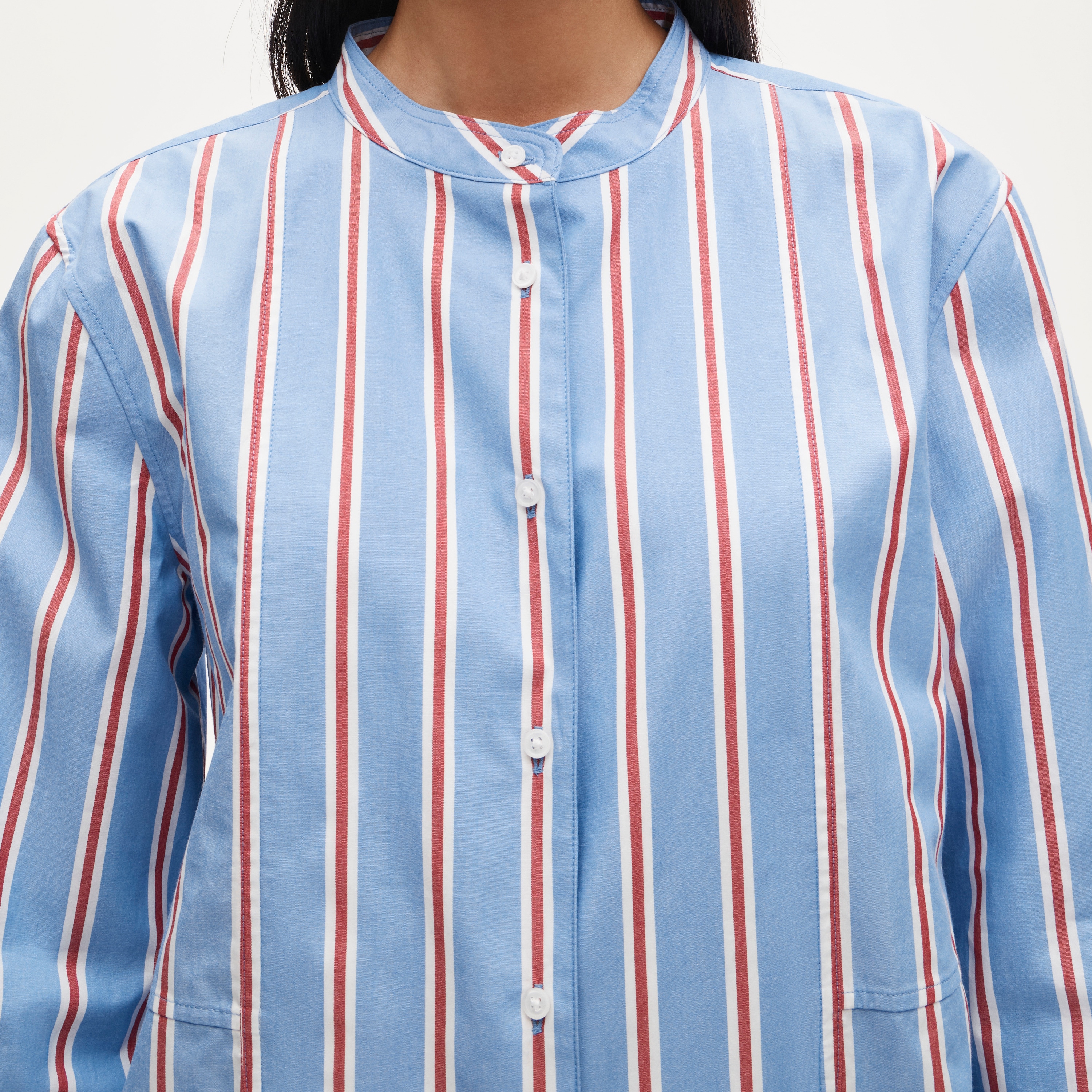 Tuxedo-bib button-up in striped cotton poplin