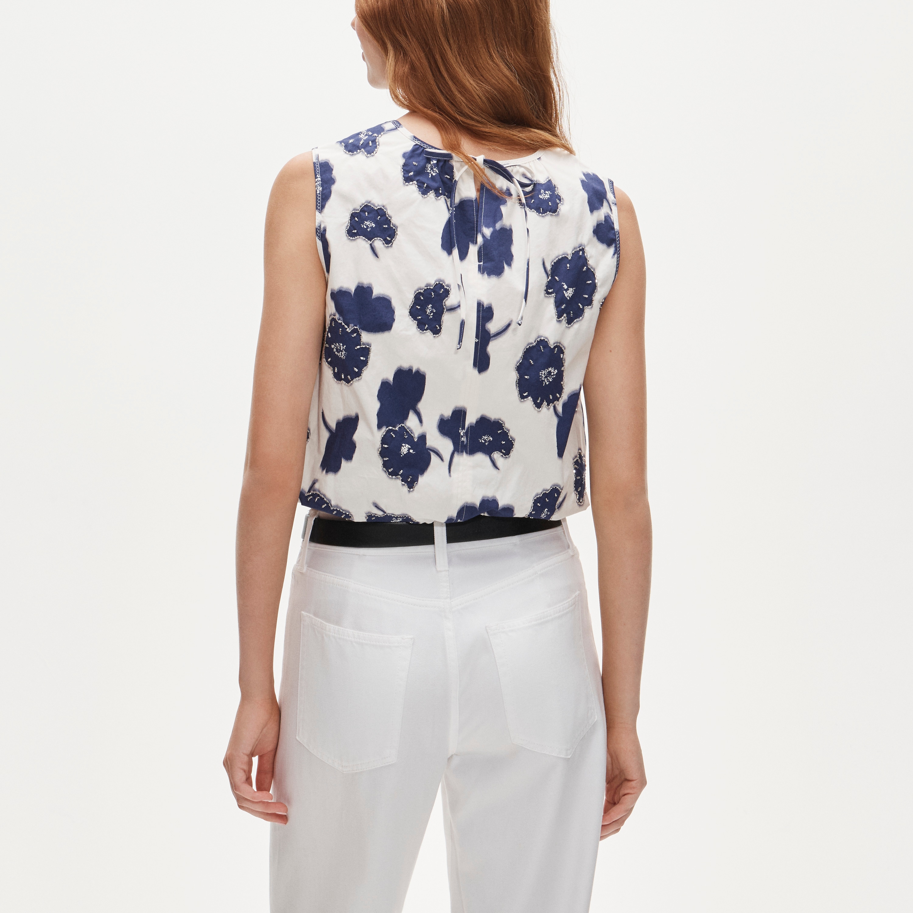 Embellished Drawstring-waist Tank Top In Blurred Floral For Women