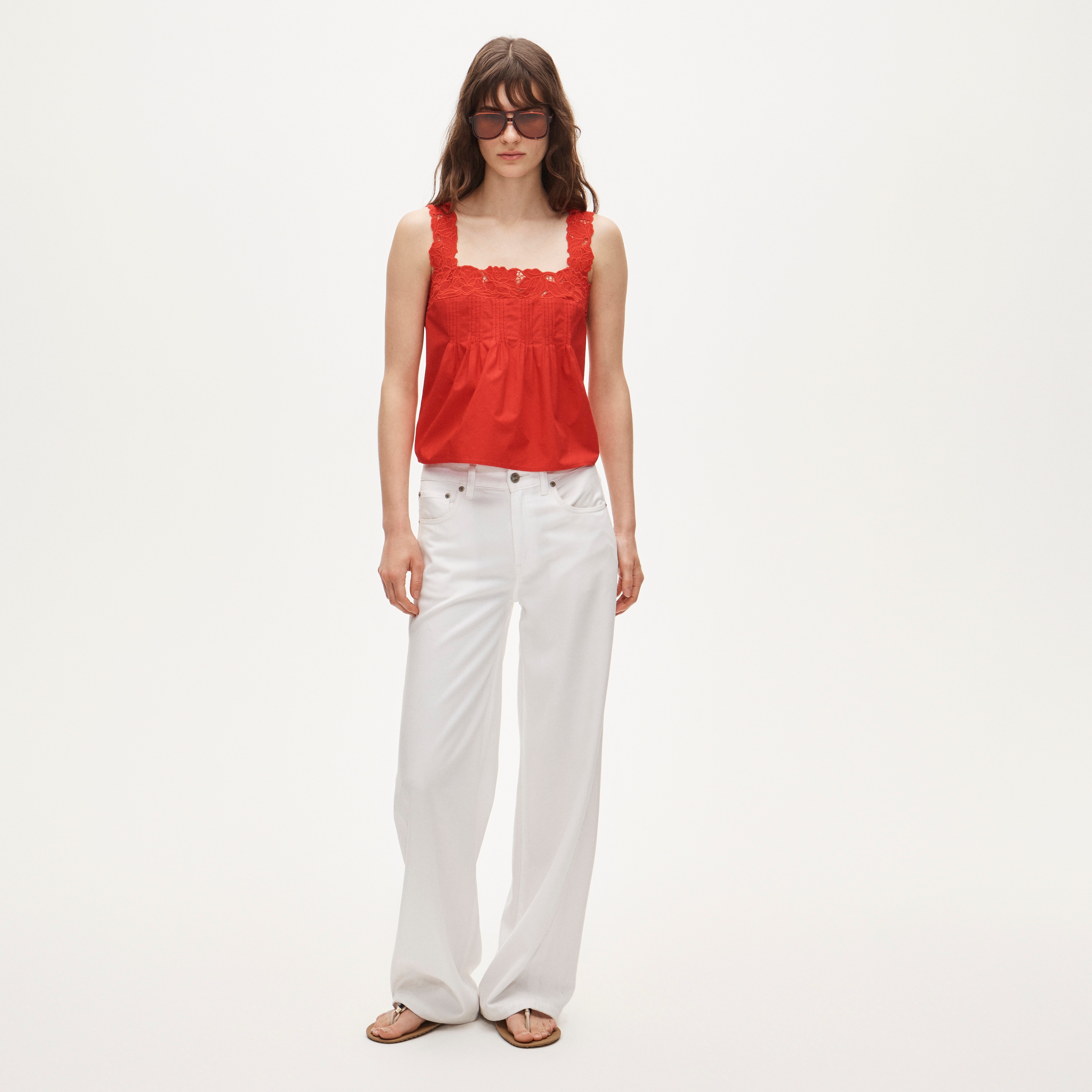 Lace-trim tank top in compact poplin