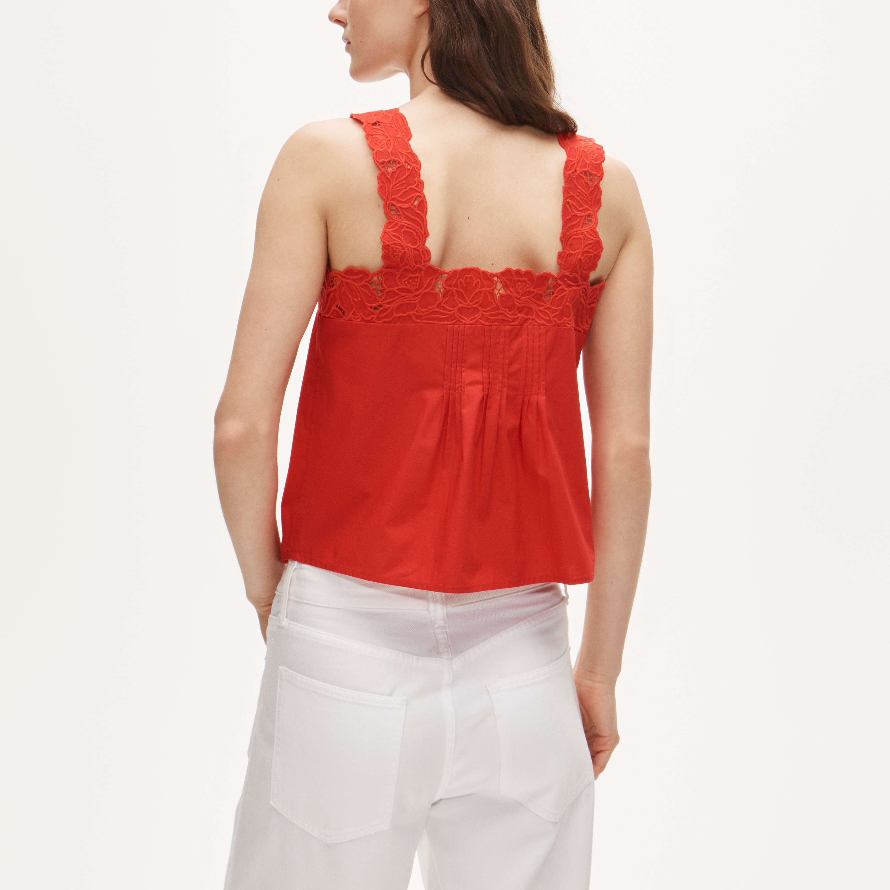 Lace-trim tank top in compact poplin