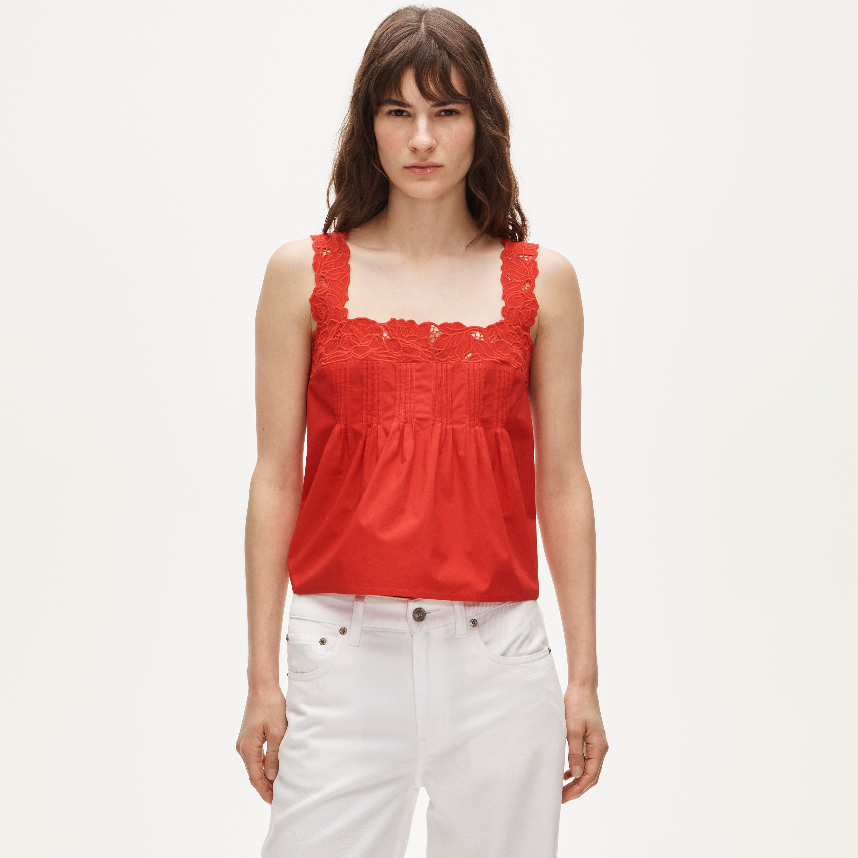 Lace-trim tank top in compact poplin