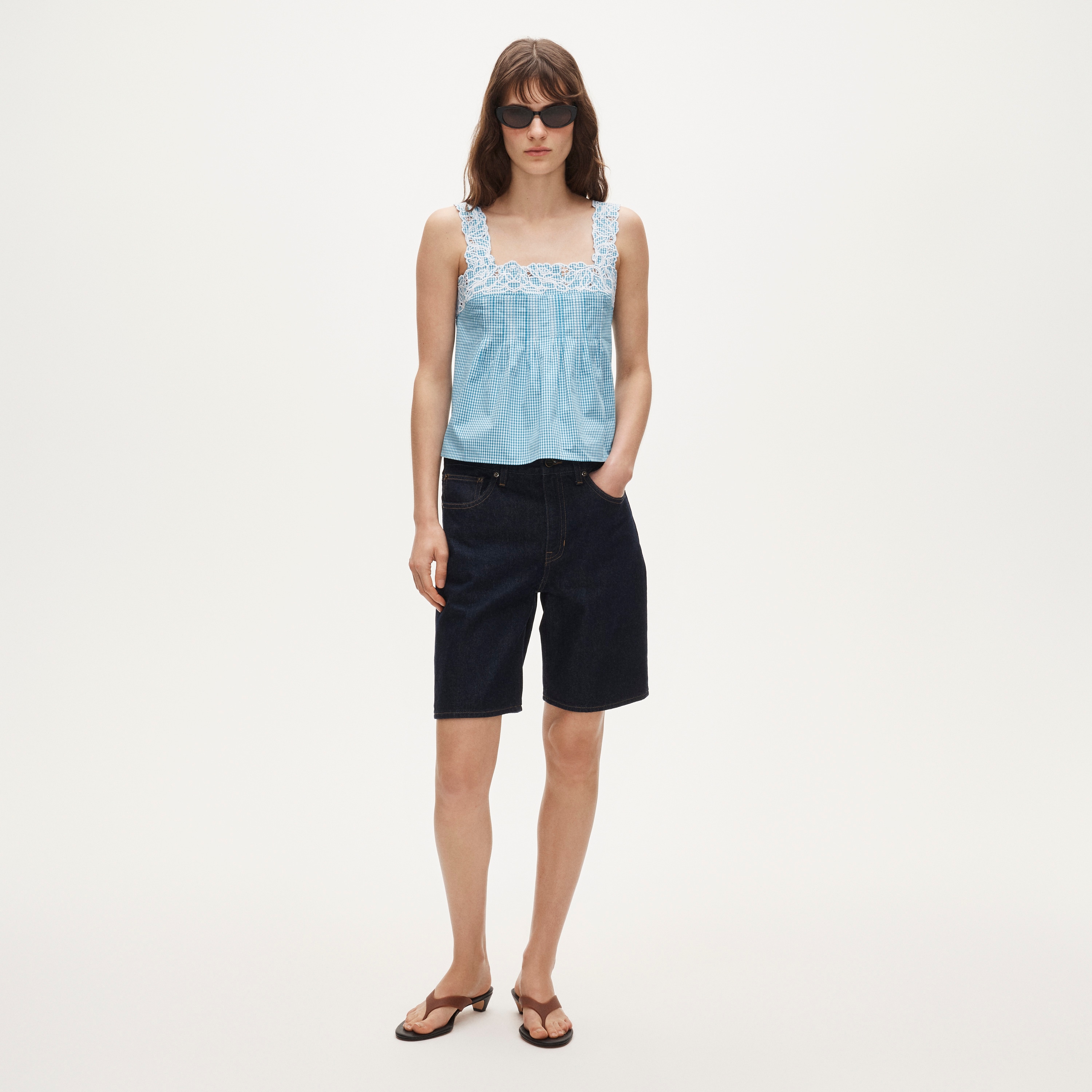 Embroidered lace-trim tank top in gingham compact poplin