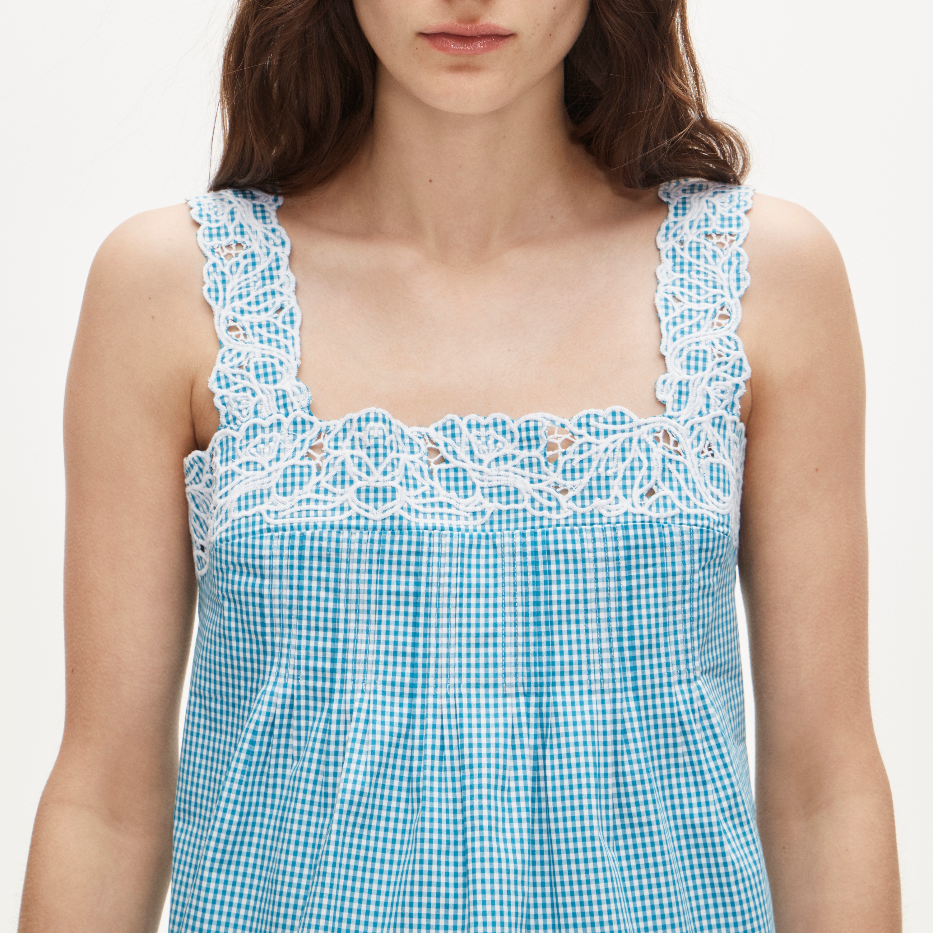 Embroidered Lace-trim Tank Top In Gingham Compact Poplin For Women