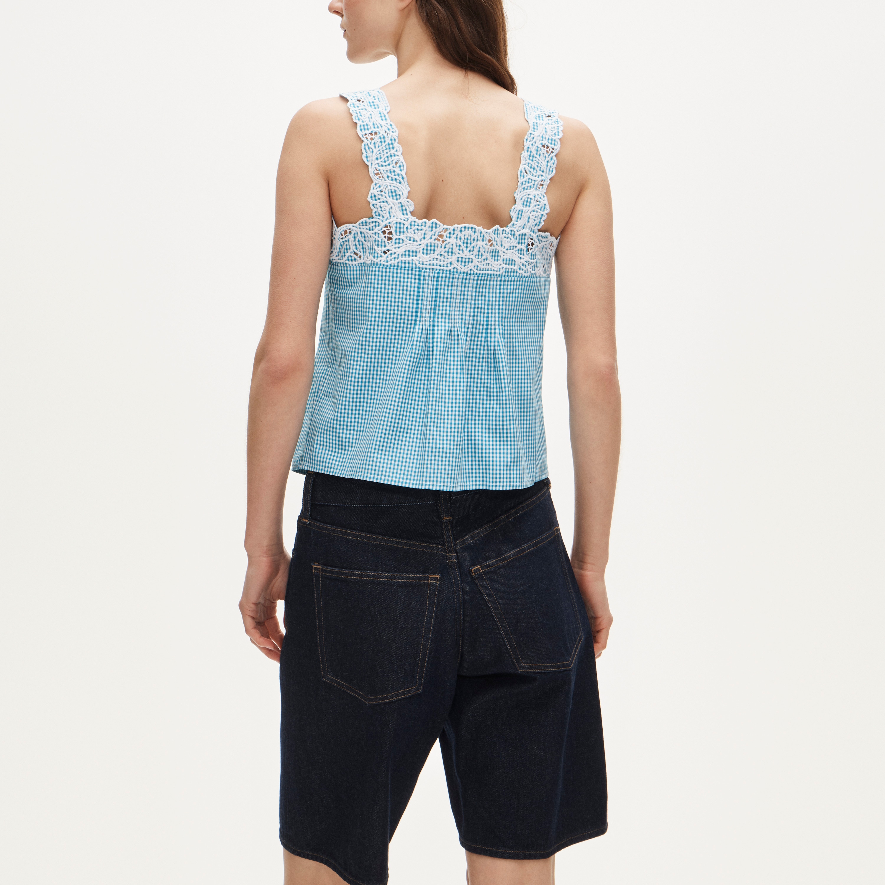 Embroidered Lace-trim Tank Top In Gingham Compact Poplin For Women
