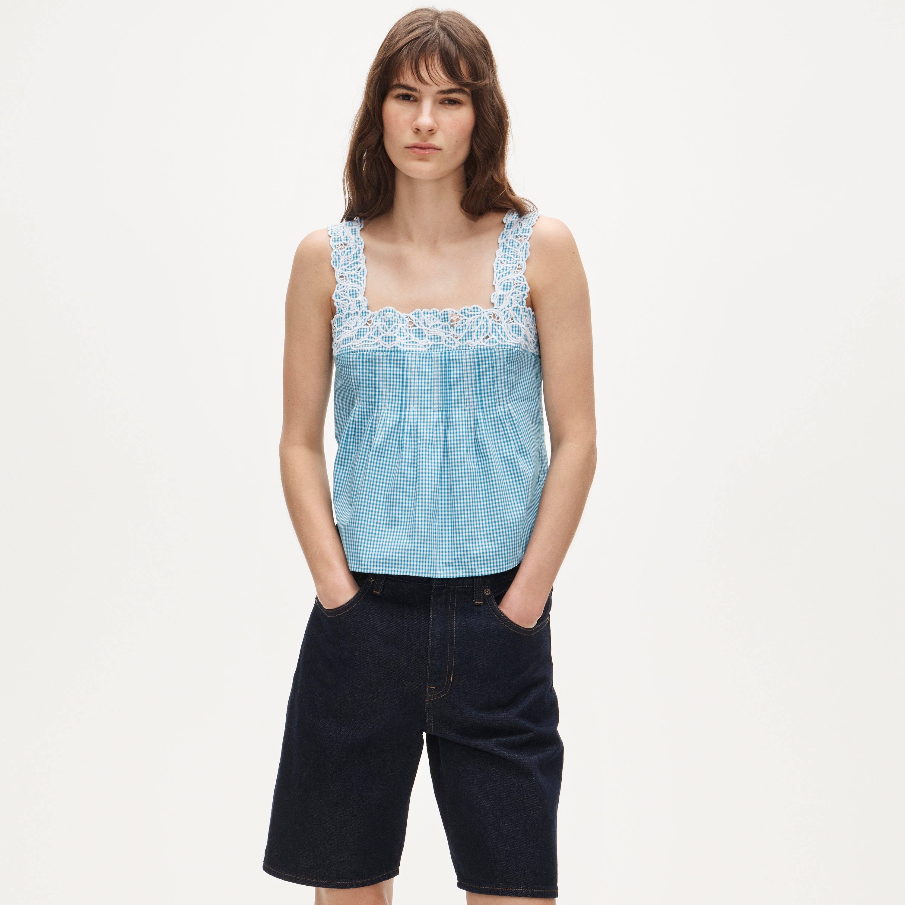 Embroidered Lace-trim Tank Top In Gingham Compact Poplin For Women
