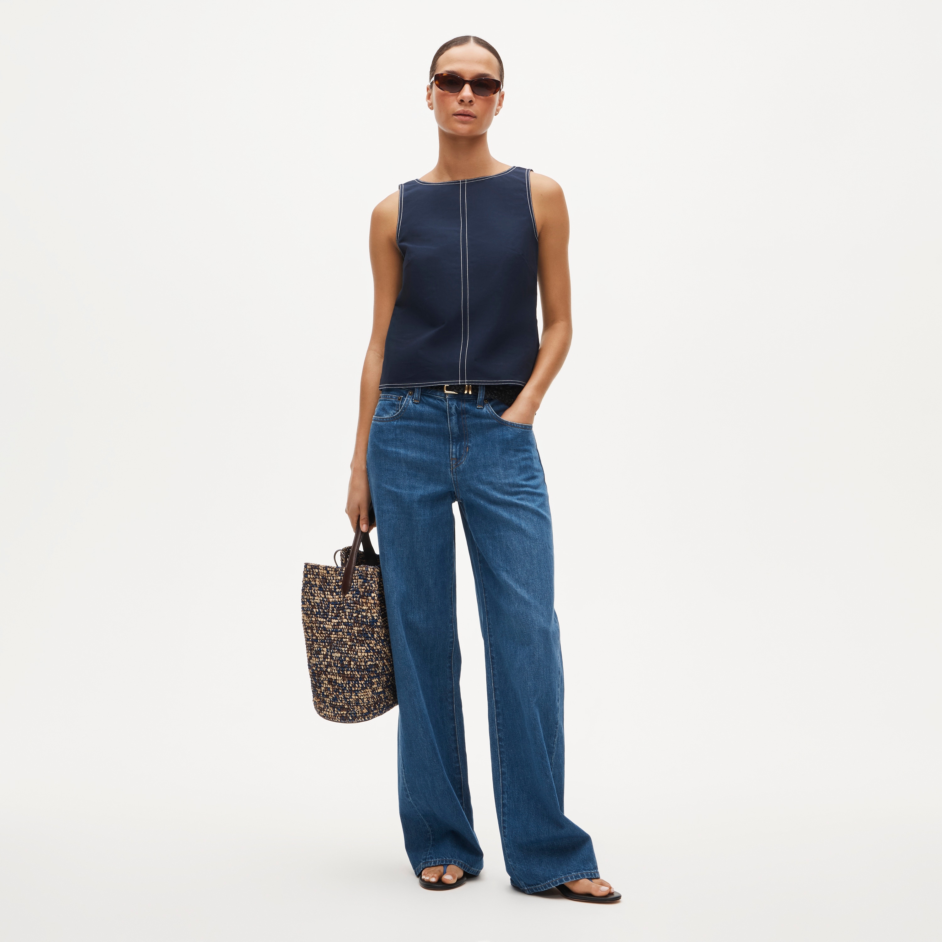 Contrast-stitch shell top in double cotton poplin