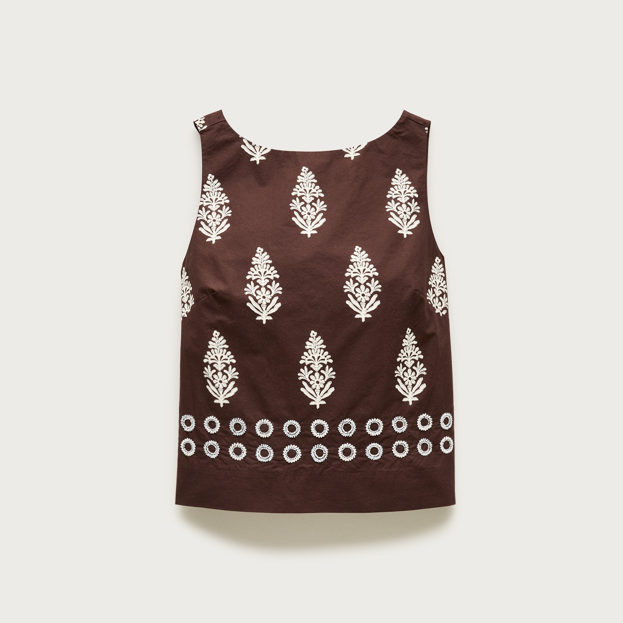 Beaded shell top in cocoa block print