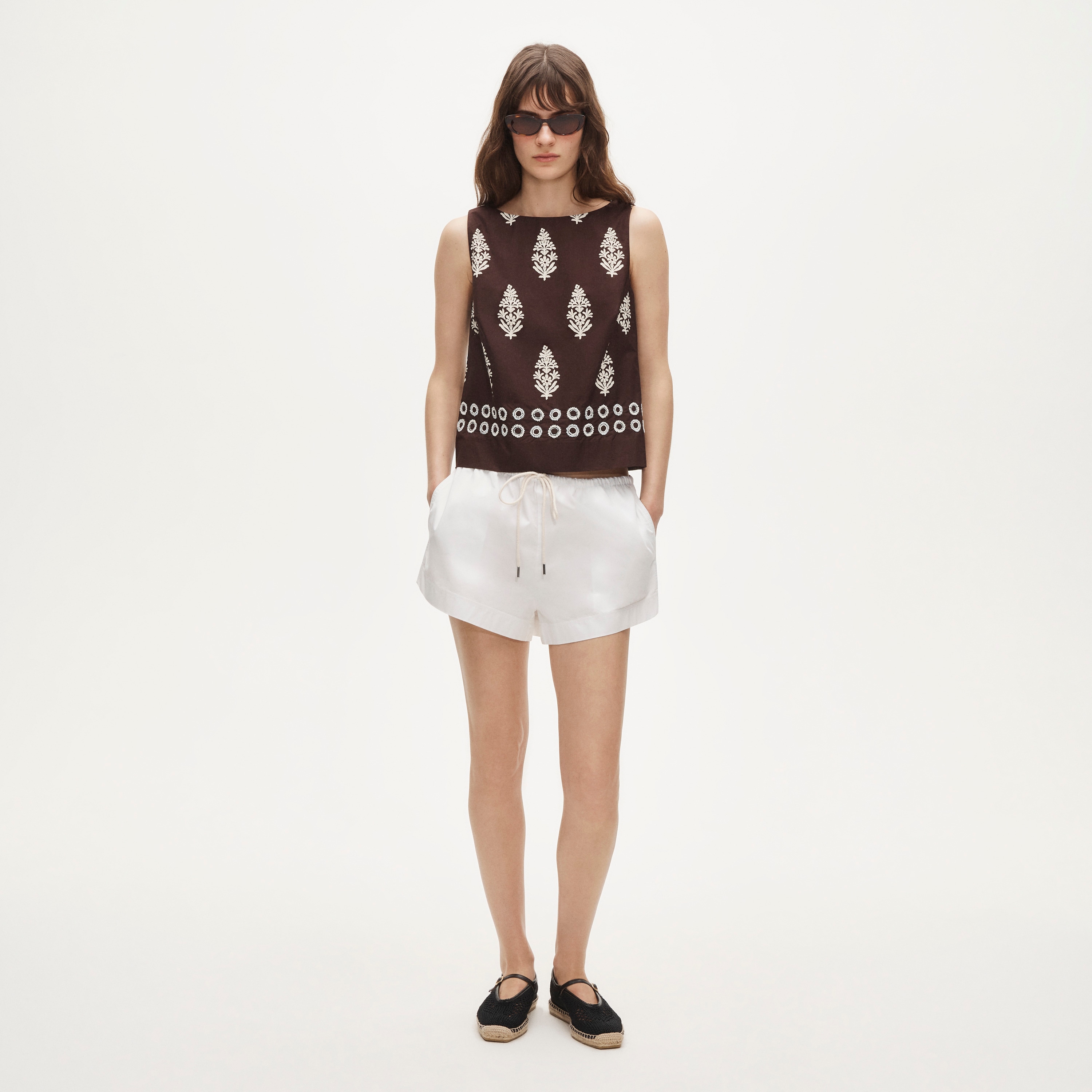 Beaded shell top in cocoa block print