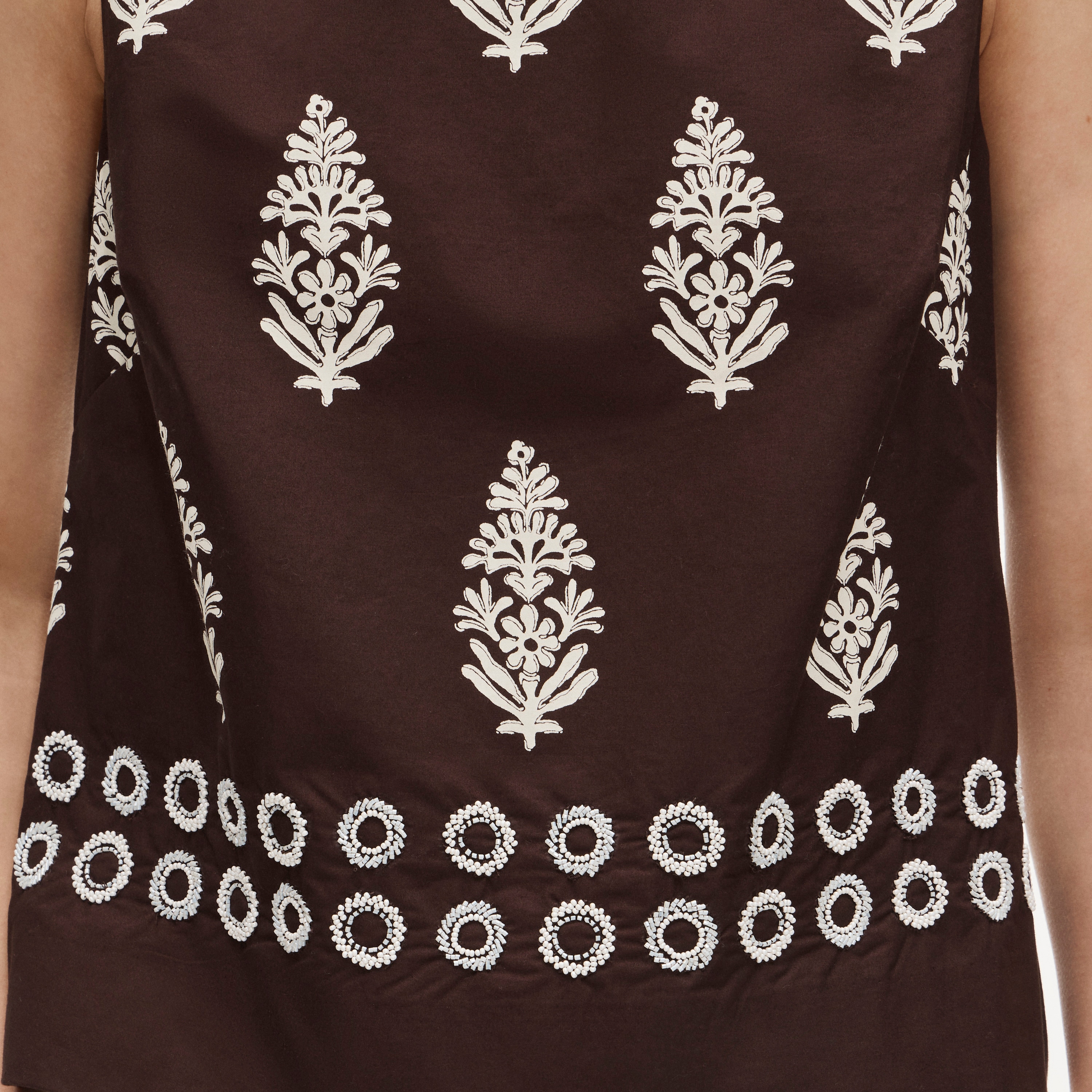 Beaded shell top in cocoa block print