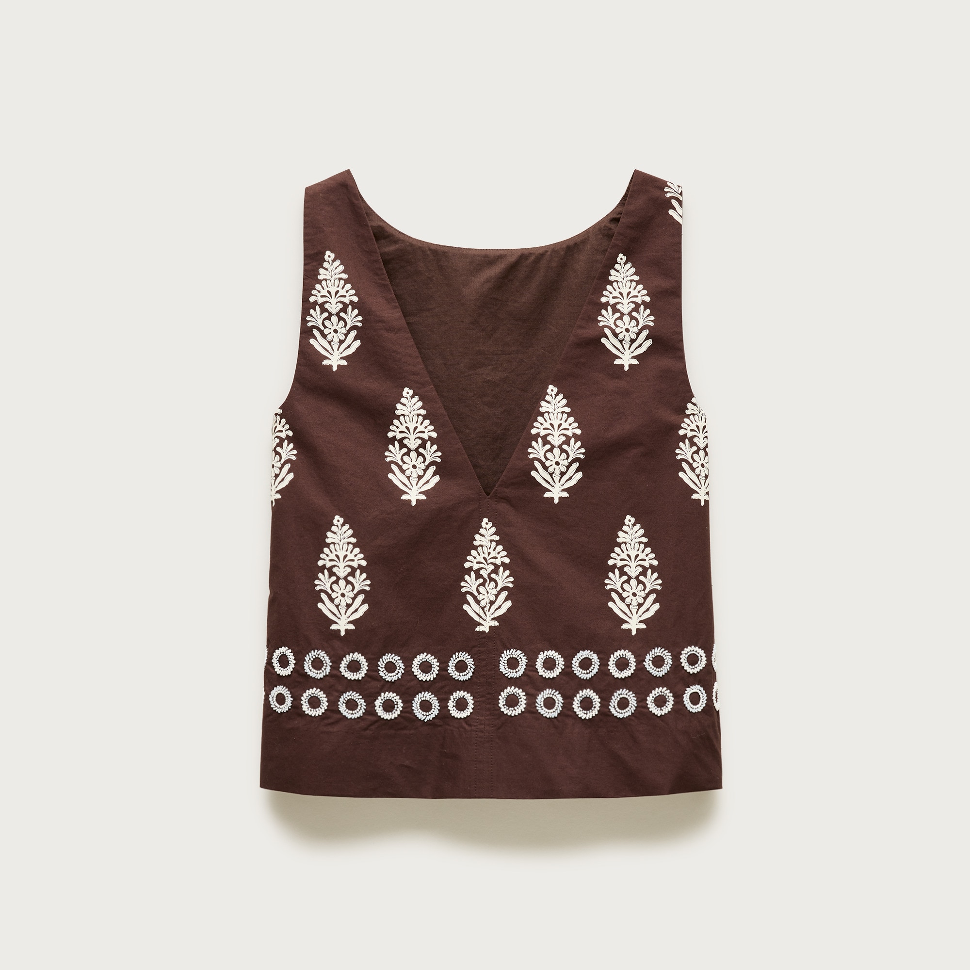 Beaded shell top in cocoa block print