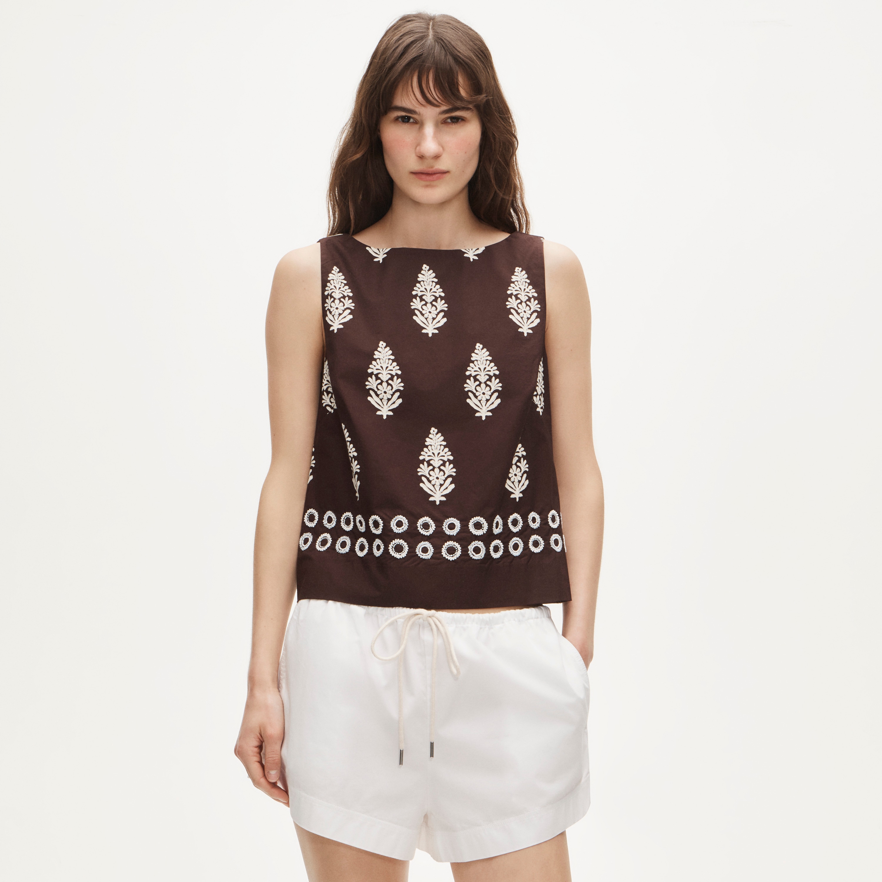 Beaded shell top in cocoa block print