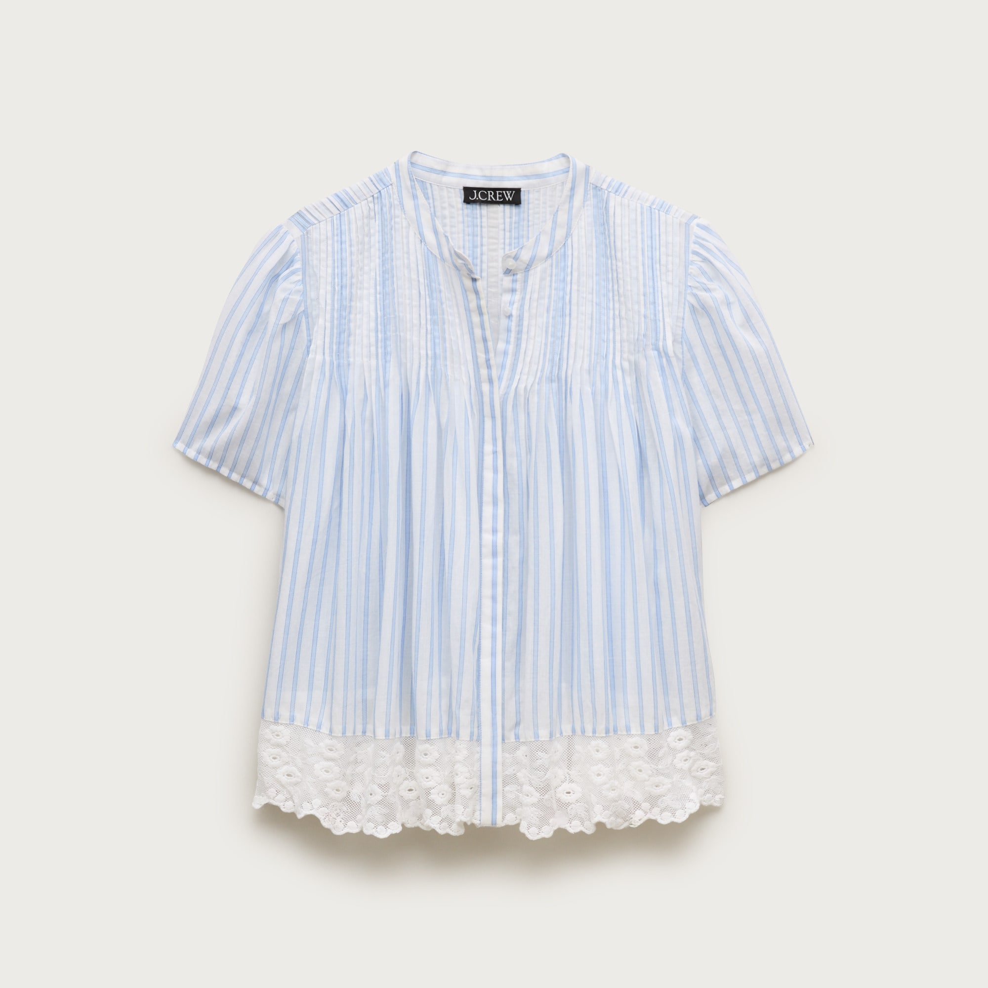Lace-trim short-sleeve button-up top in cotton voile