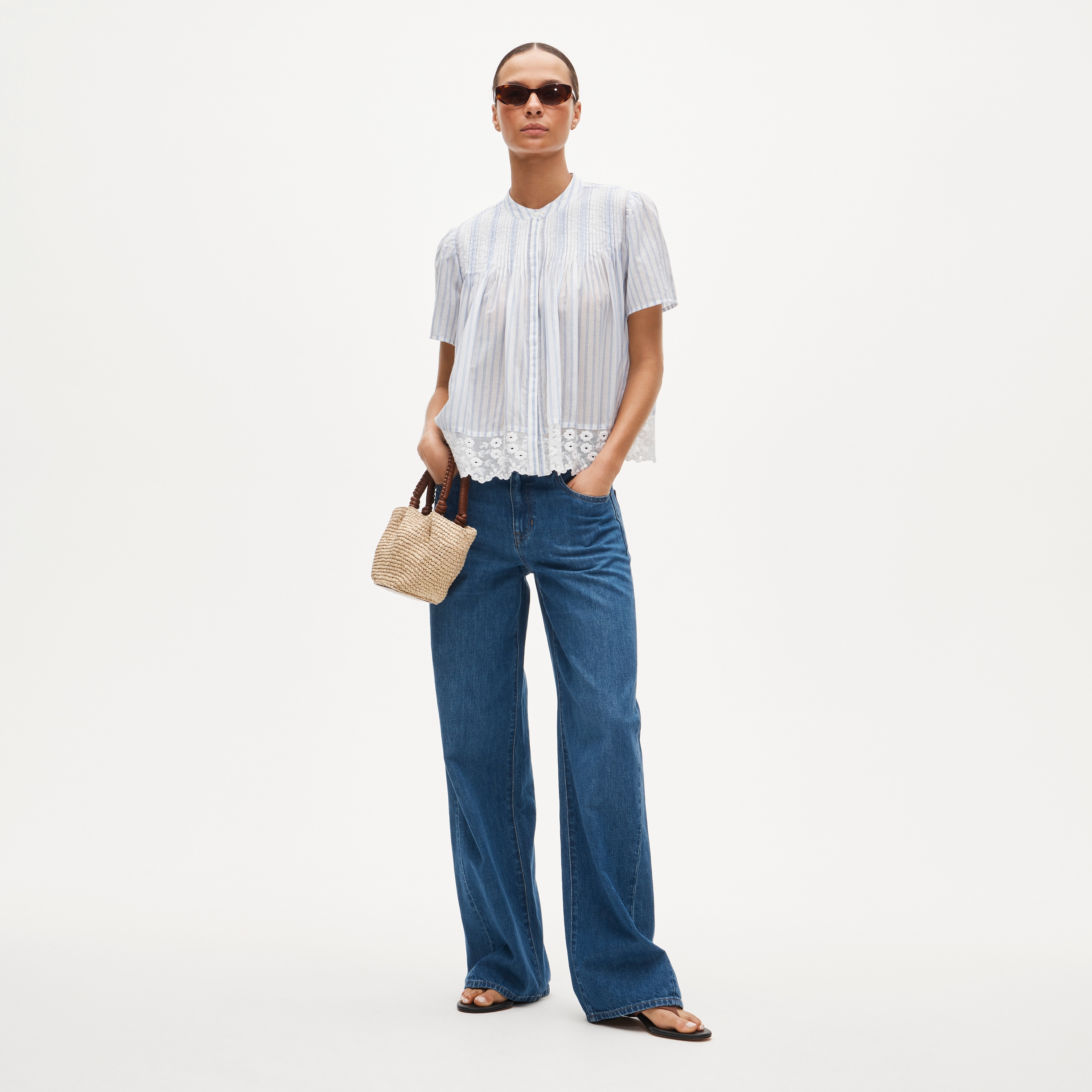 Lace-trim short-sleeve top in cotton voile - image 3
