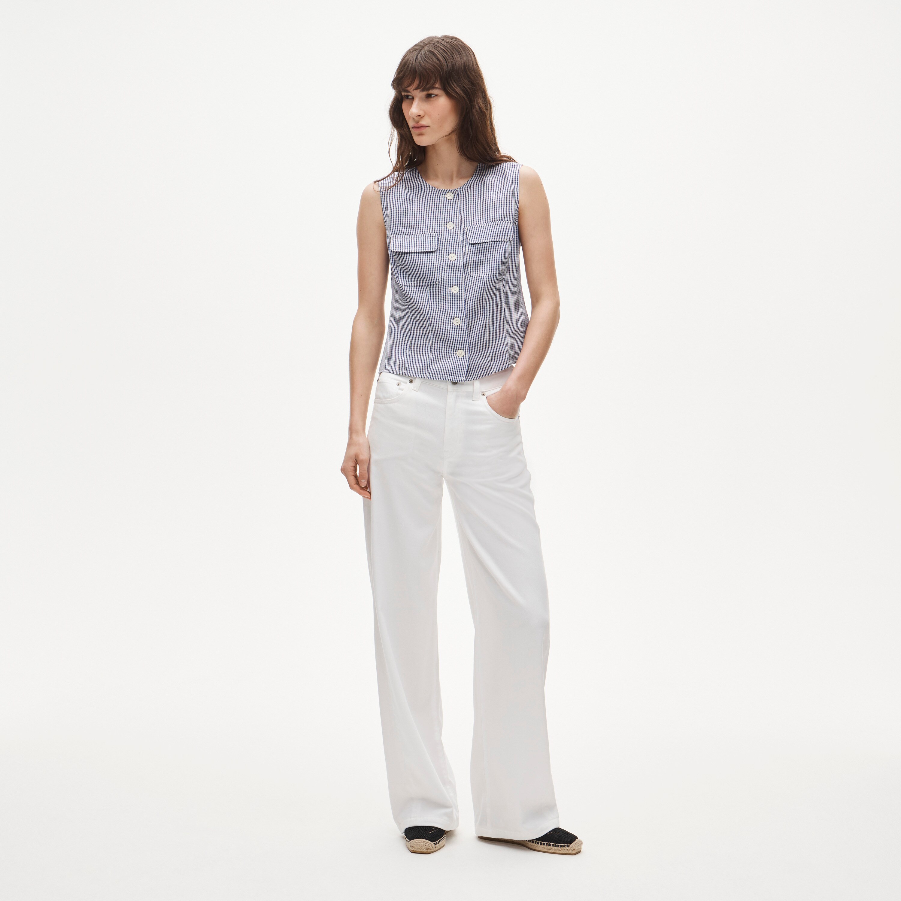 Utility button-up top in gingham Gramercy linen blend