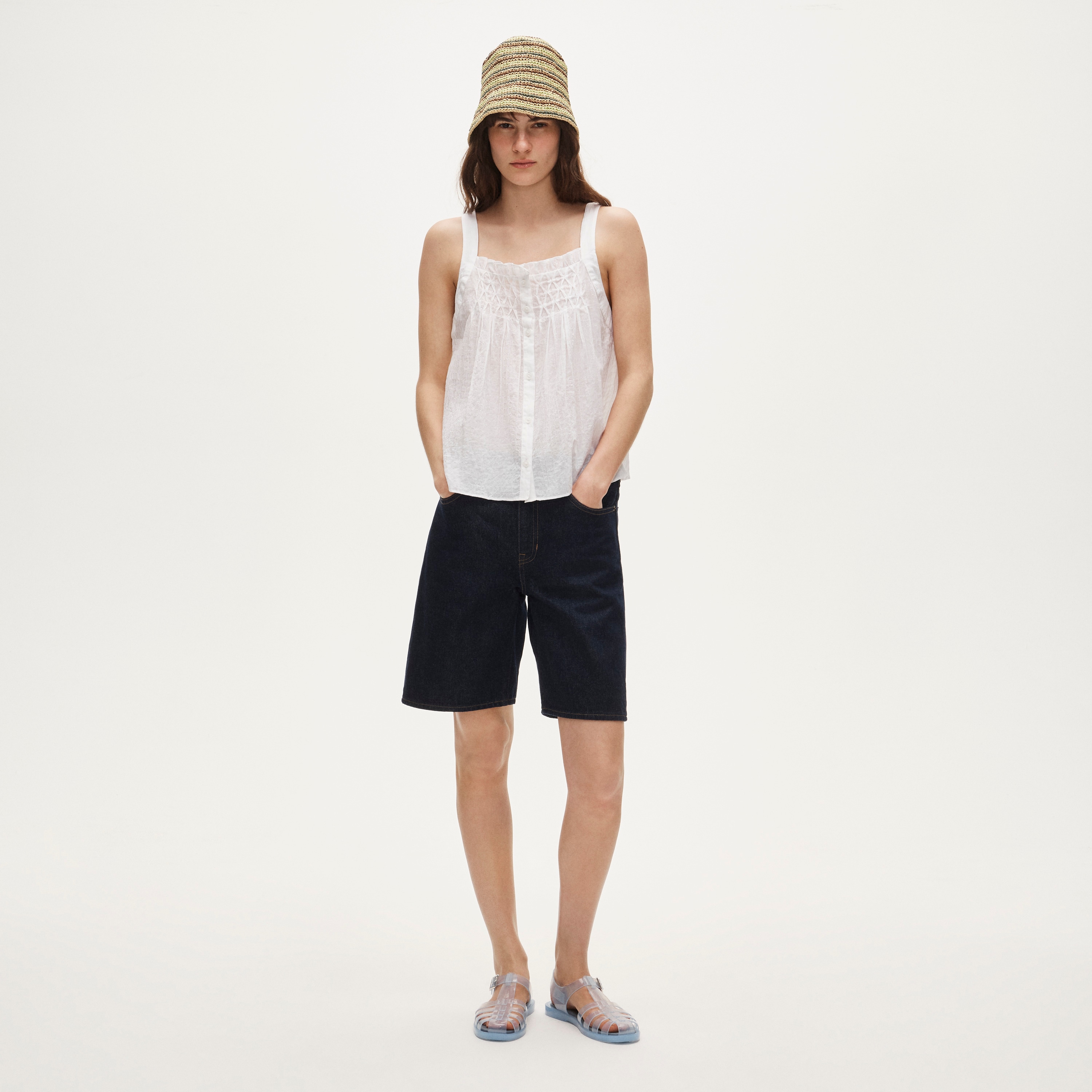 Smocked crinkle tank top