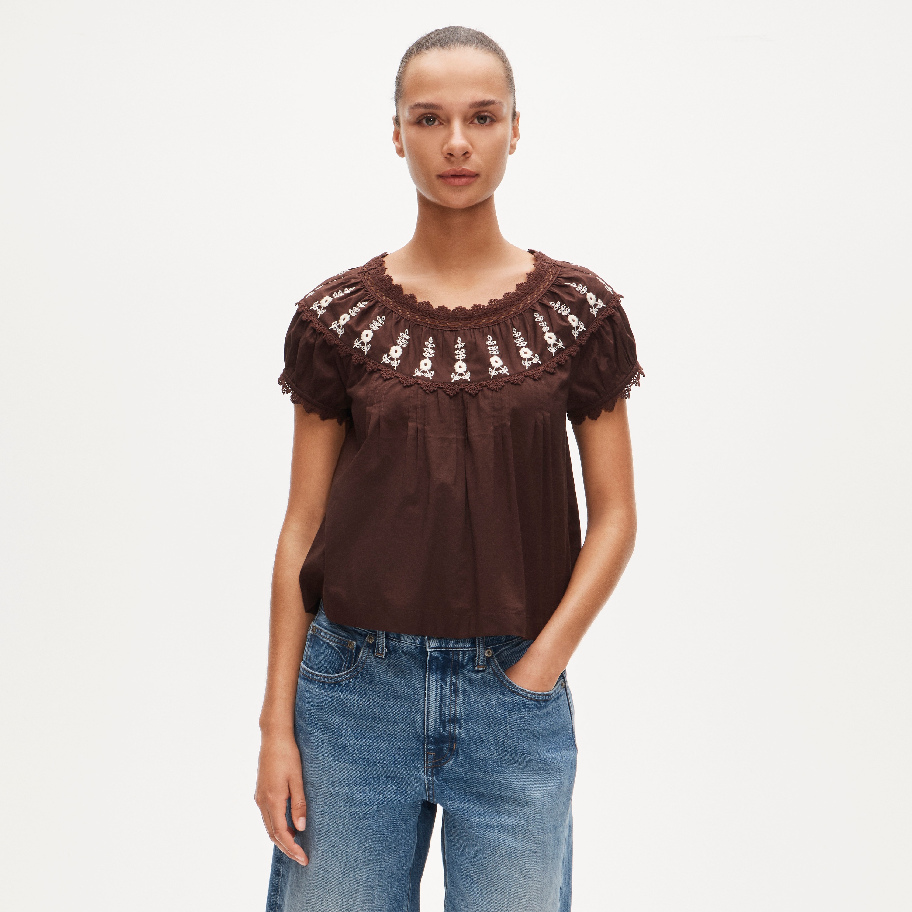 Embroidered Cap-sleeve Top For Women | J.Crew