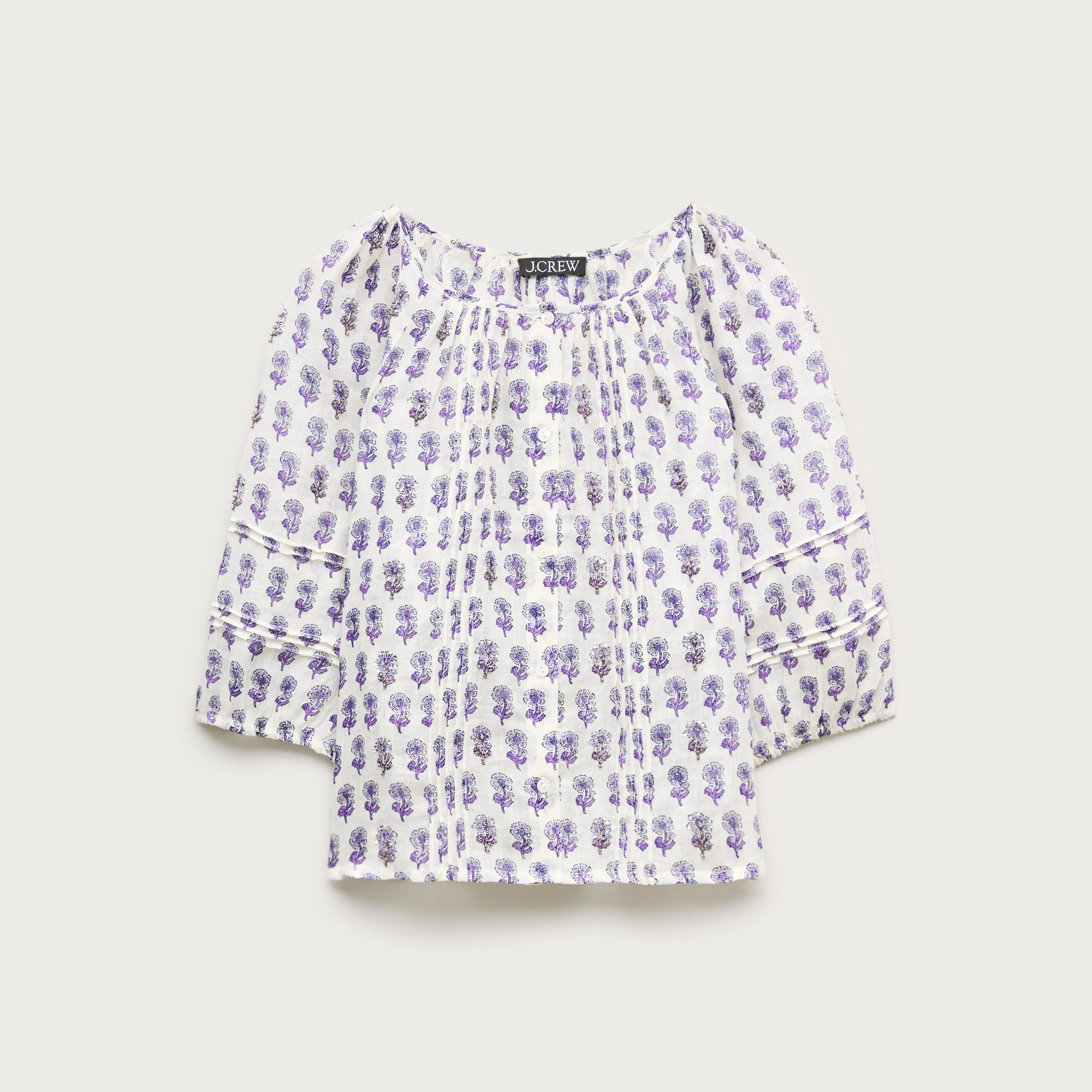 Puff-sleeve top in embellished lilac block-print ramie