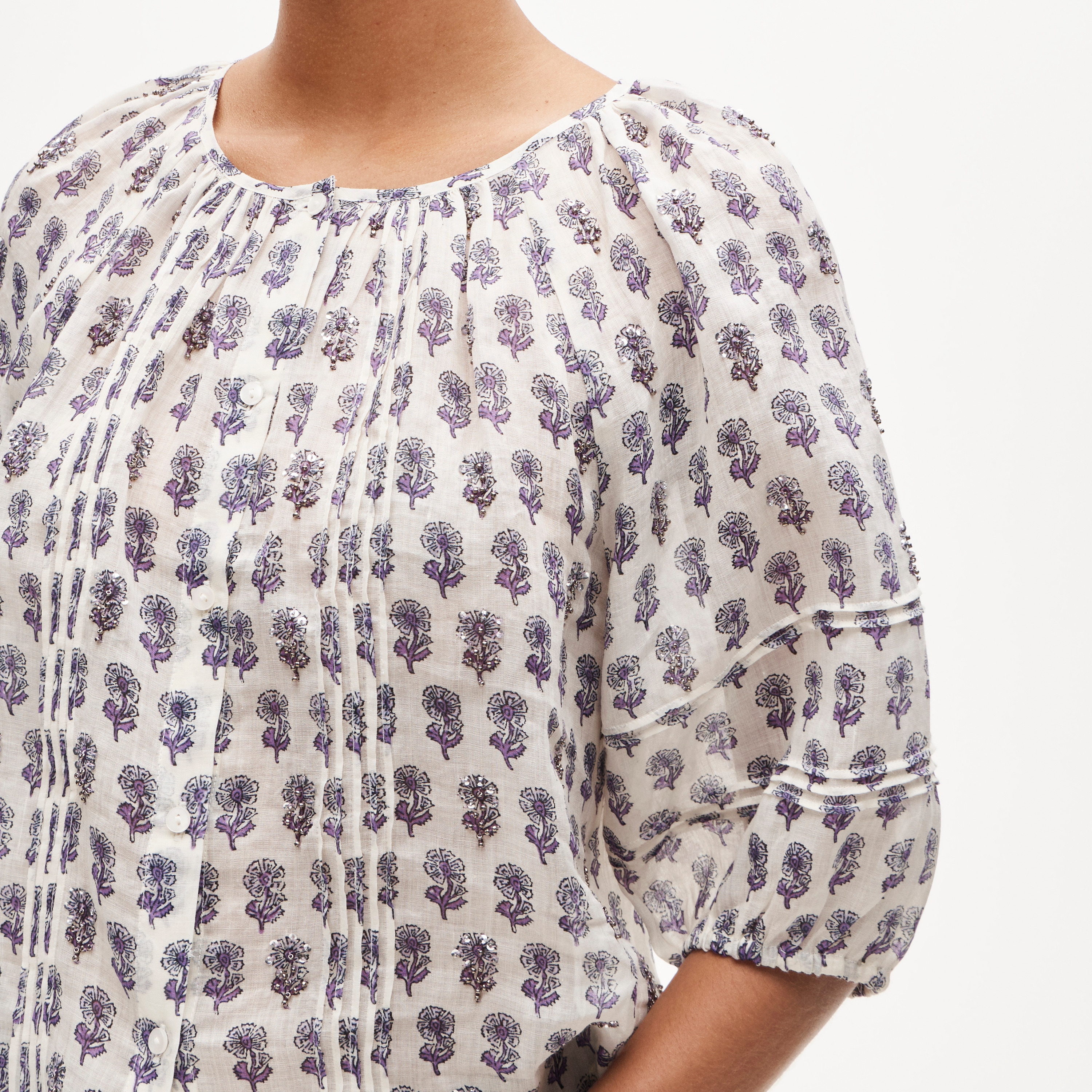 Puff-sleeve Top In Embellished Lilac Block-print Ramie For Women