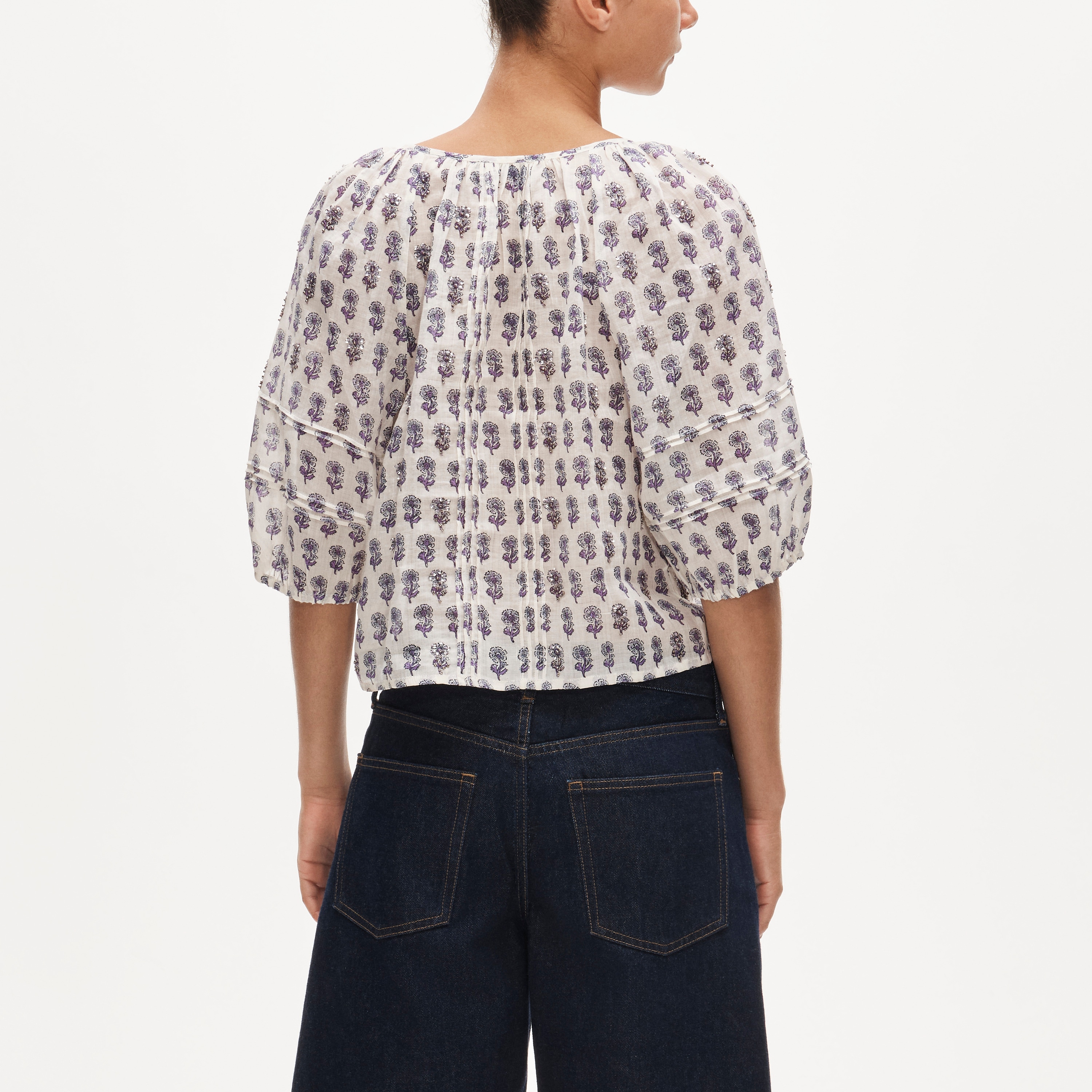 Puff-sleeve top in embellished lilac block-print ramie