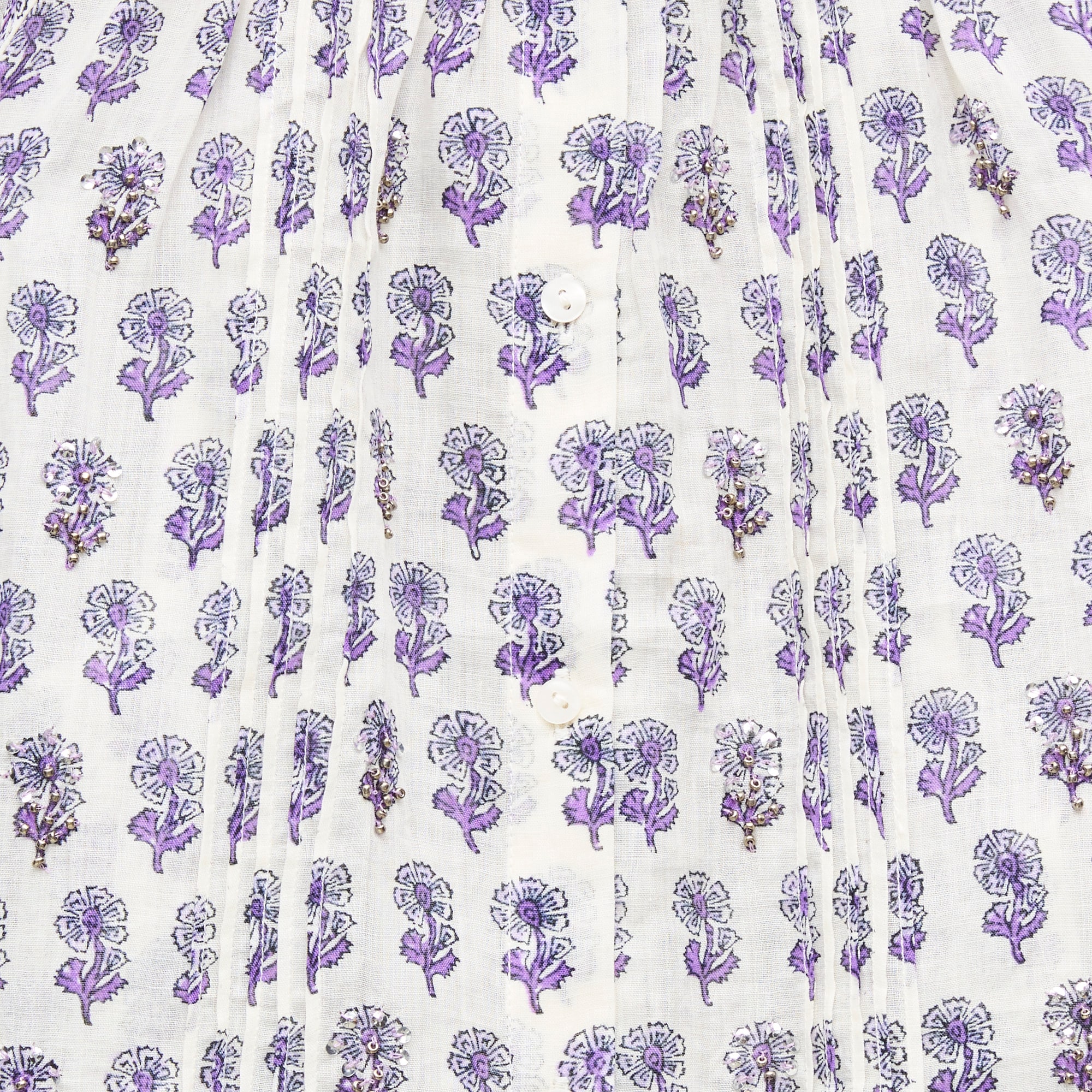 Puff-sleeve top in embellished lilac block-print ramie