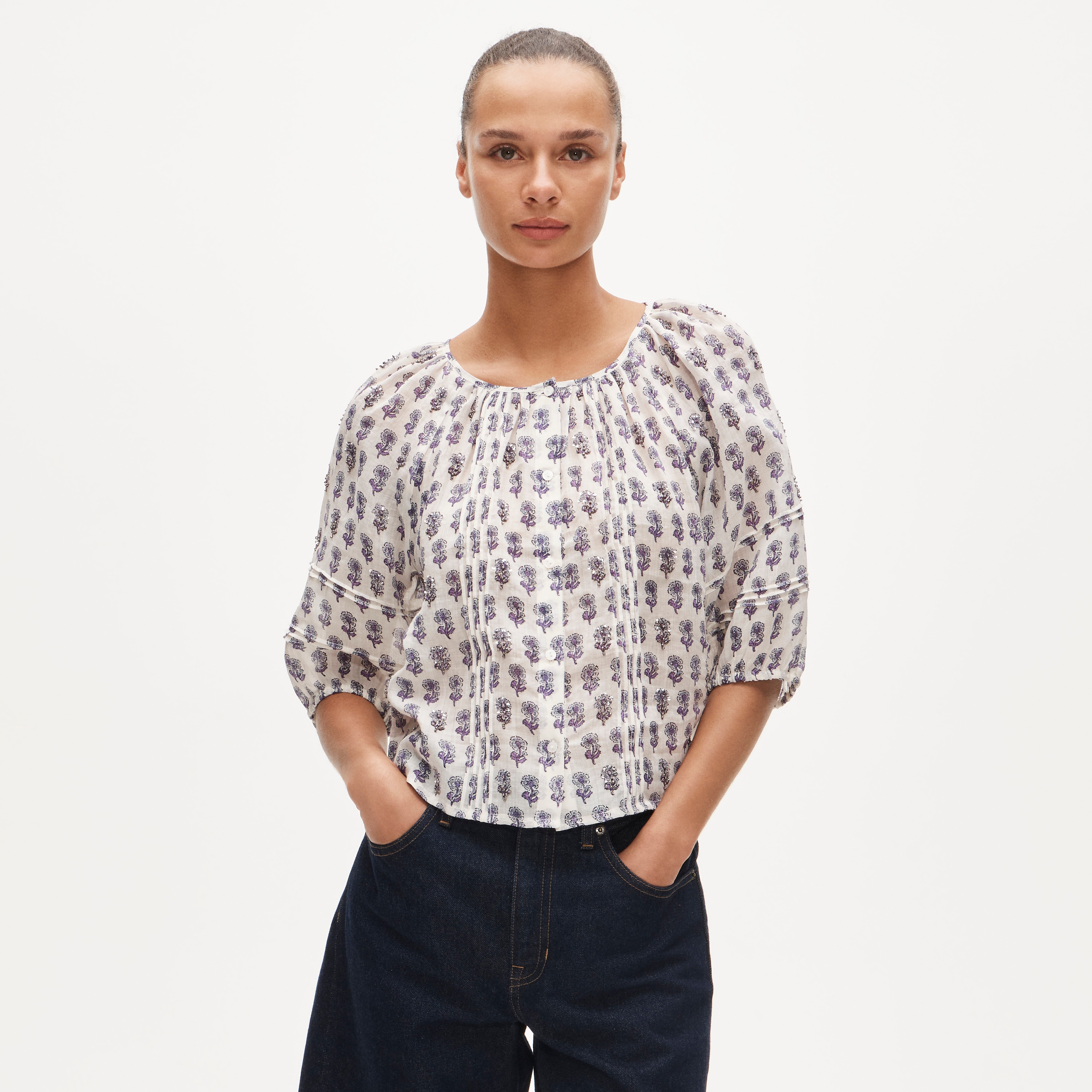 Puff-sleeve Top In Embellished Lilac Block-print Ramie For Women