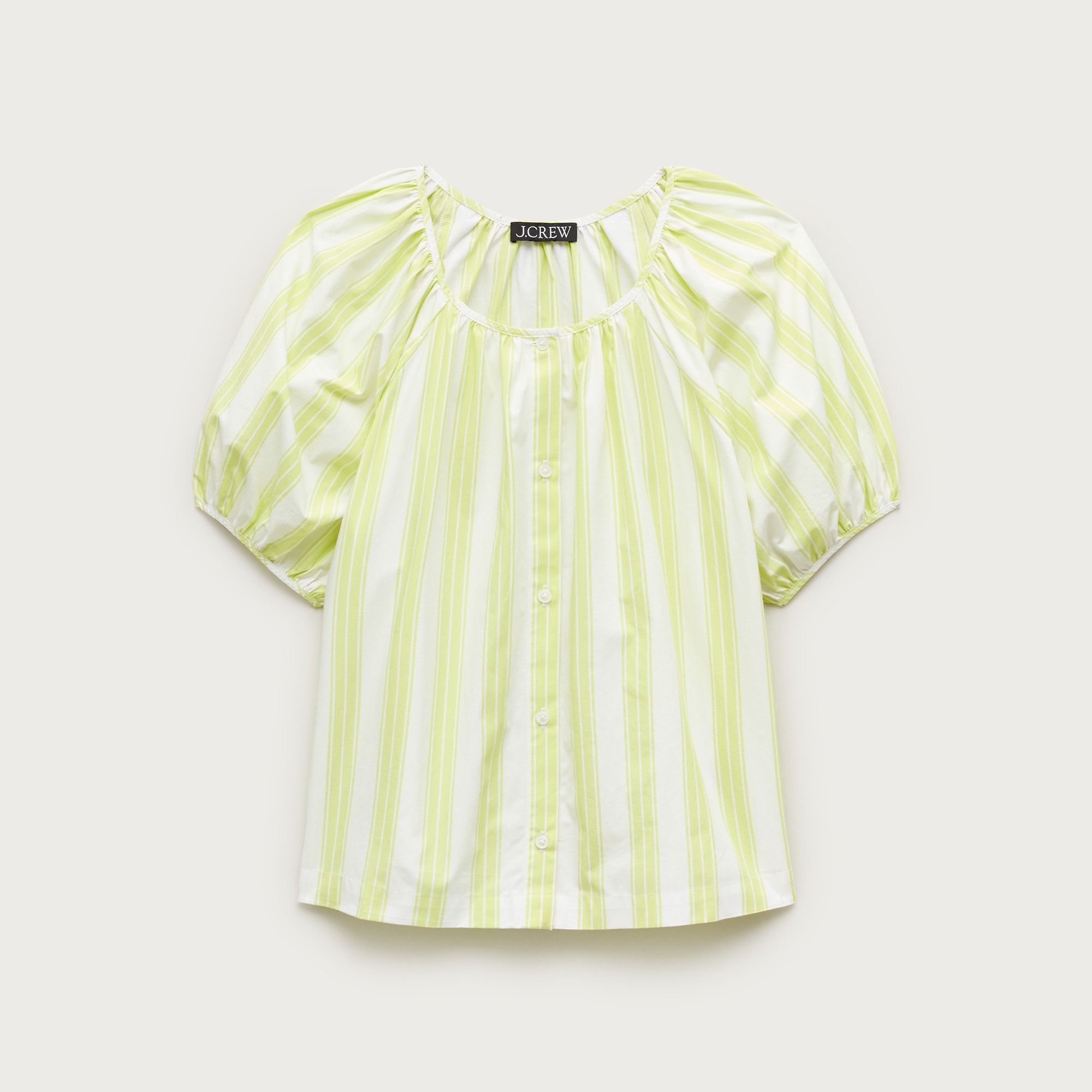 Puff-sleeve button-up top in cotton poplin stripe