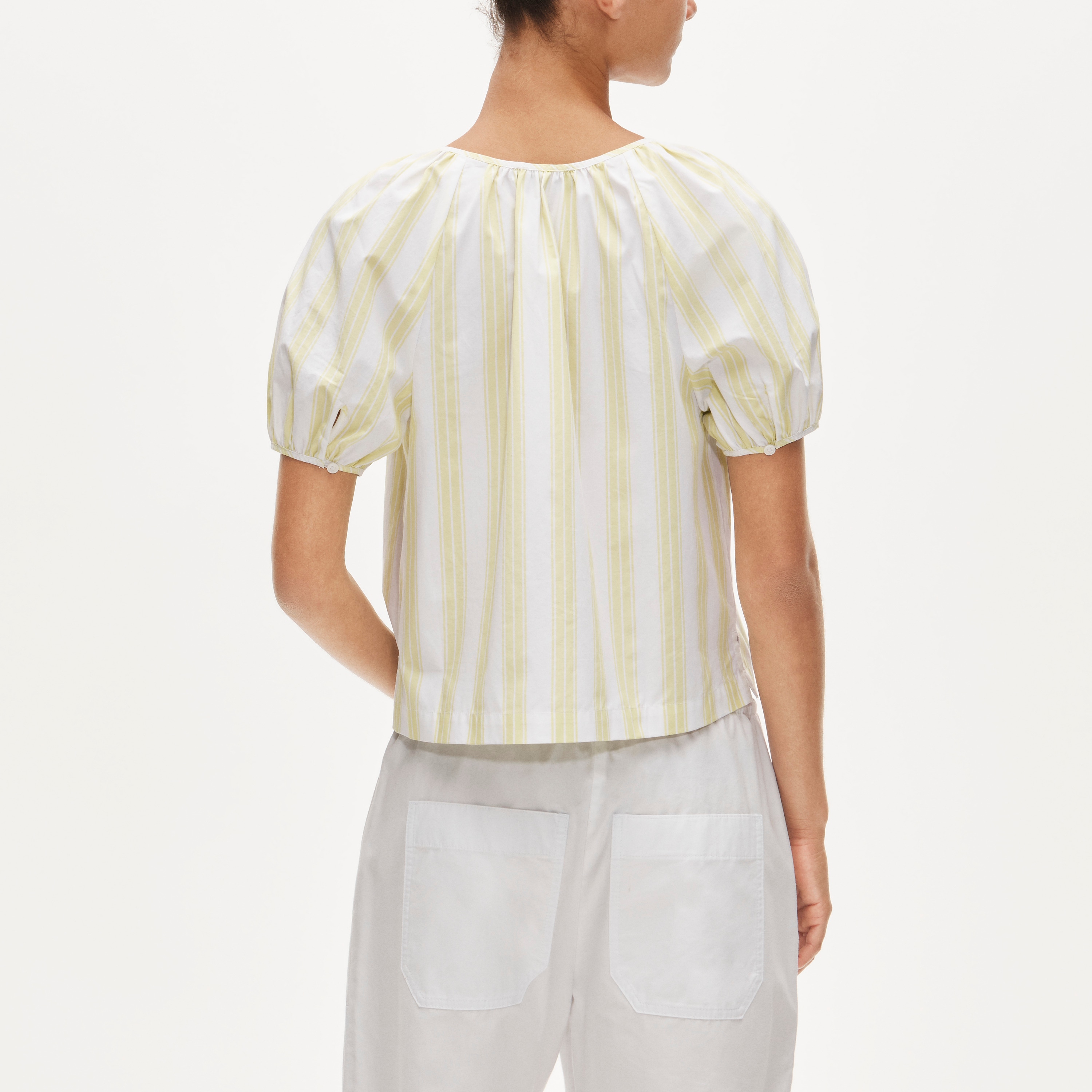 Puff-sleeve button-up top in cotton poplin stripe