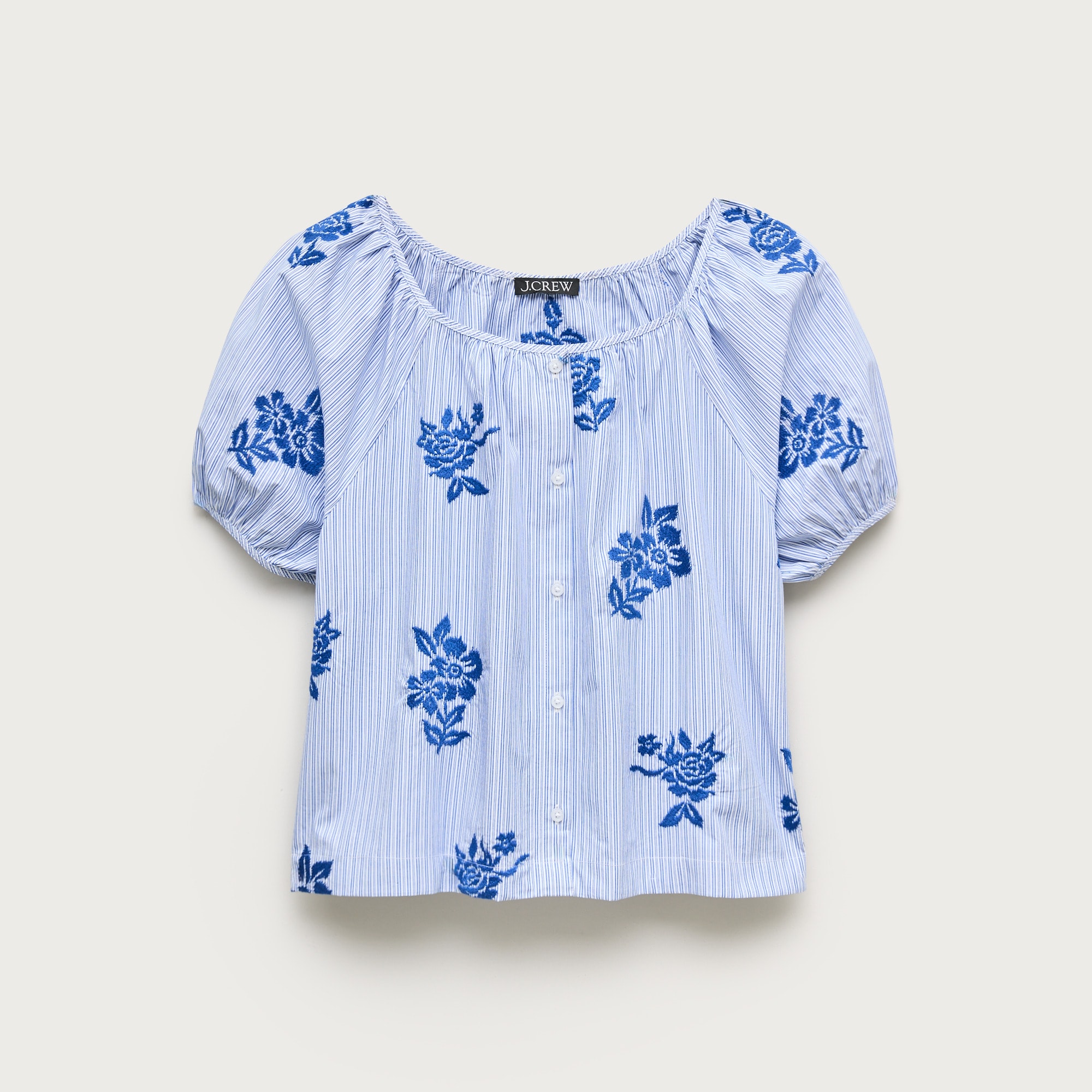 Puff-sleeve button-up top in embroidered floral stripe