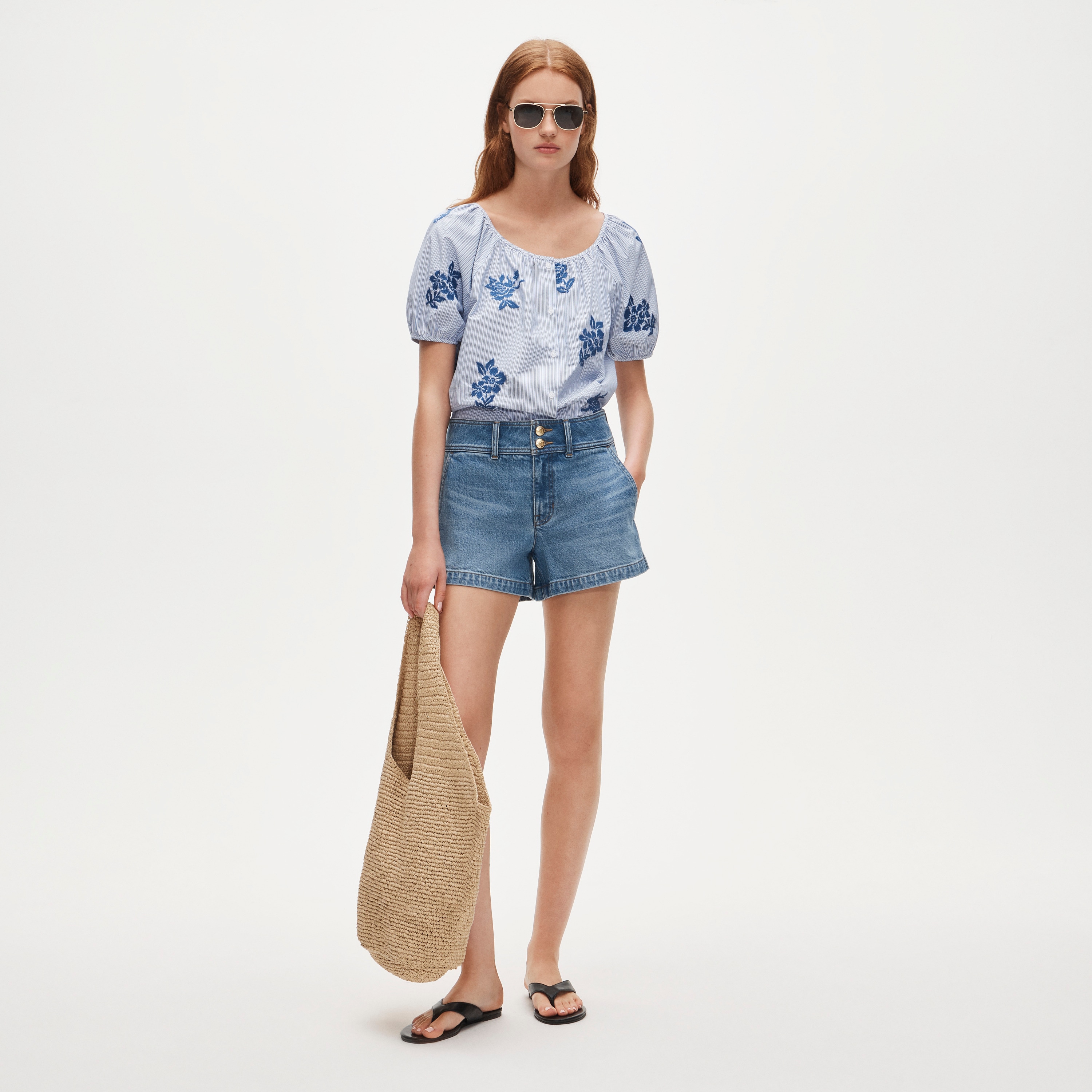 Puff-sleeve button-up top in embroidered floral stripe