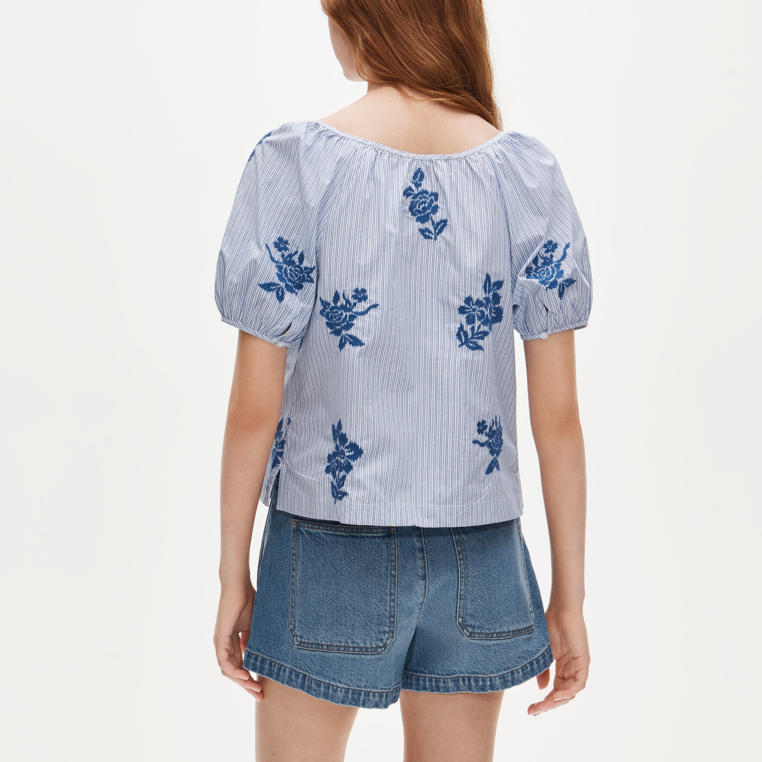 Puff-sleeve button-up top in embroidered floral stripe