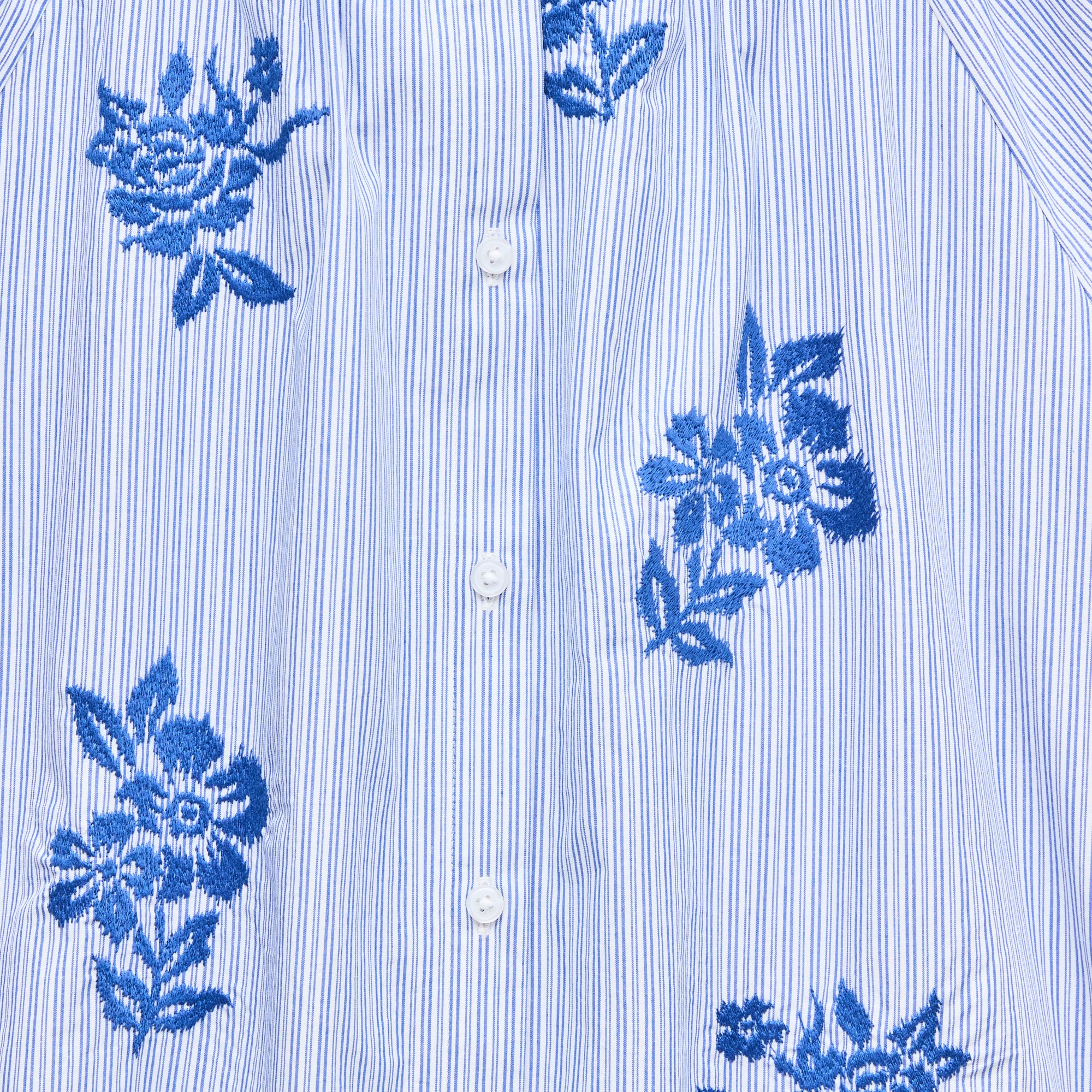 Puff-sleeve button-up top in embroidered floral stripe