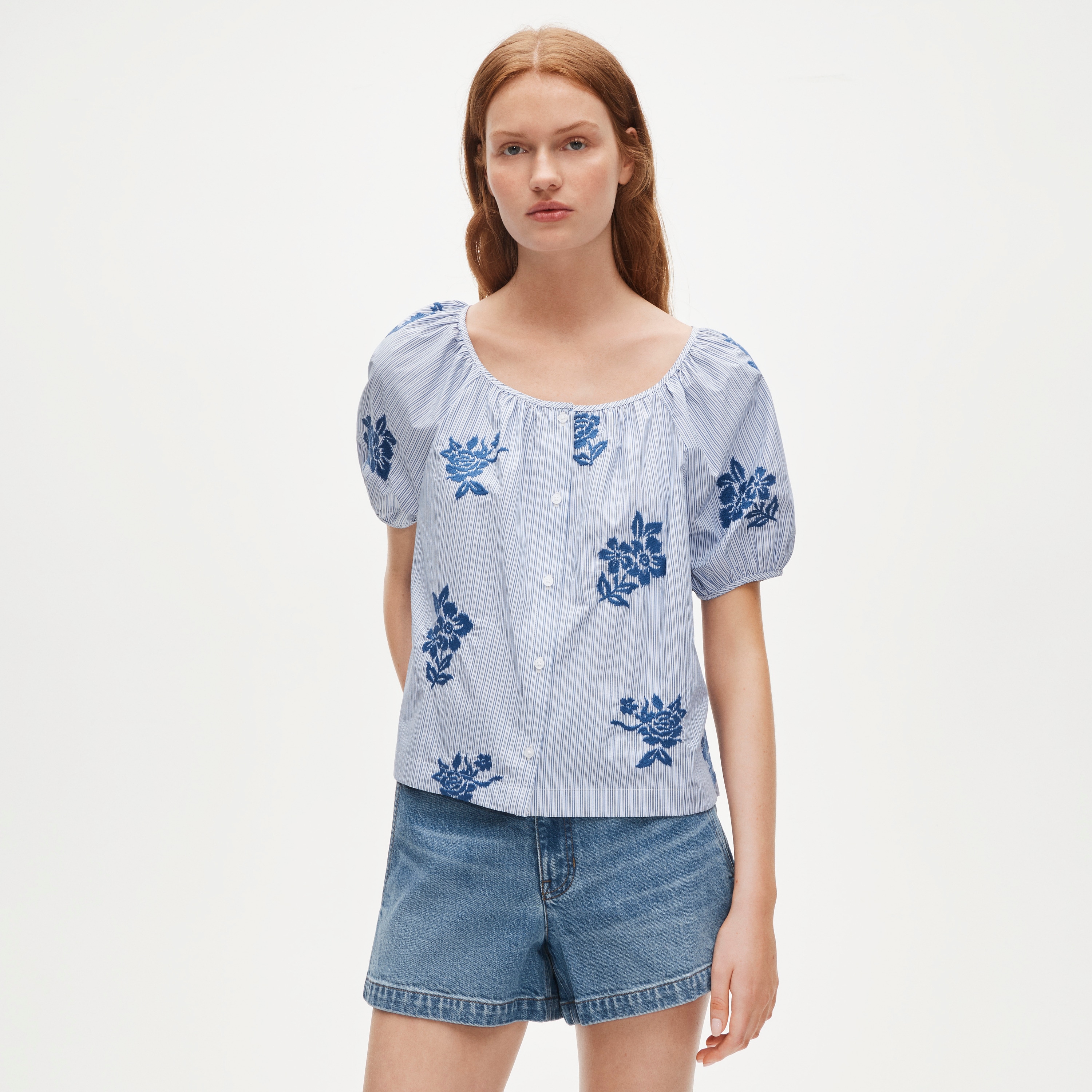 Puff-sleeve Button-up Top In Embroidered Floral Stripe For Women