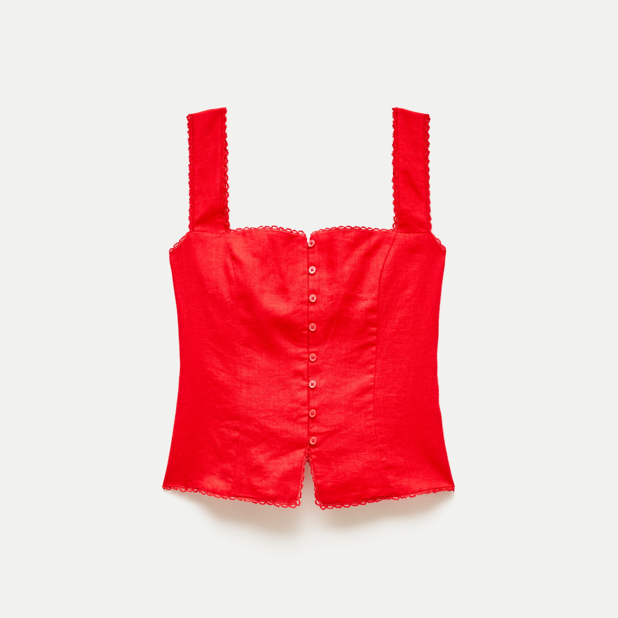 Lace-trim button-up tank top in linen