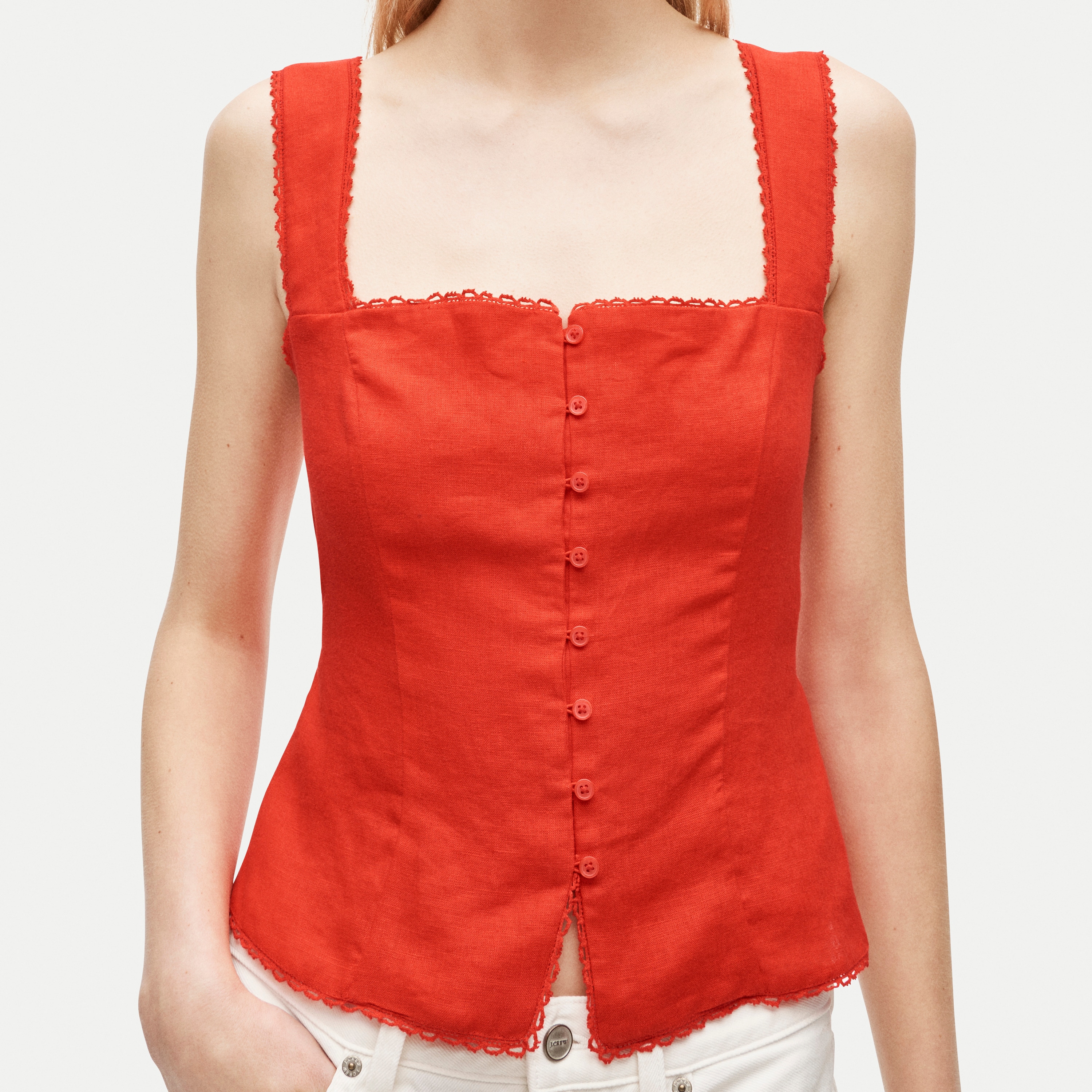 Lace-trim button-up tank top in linen