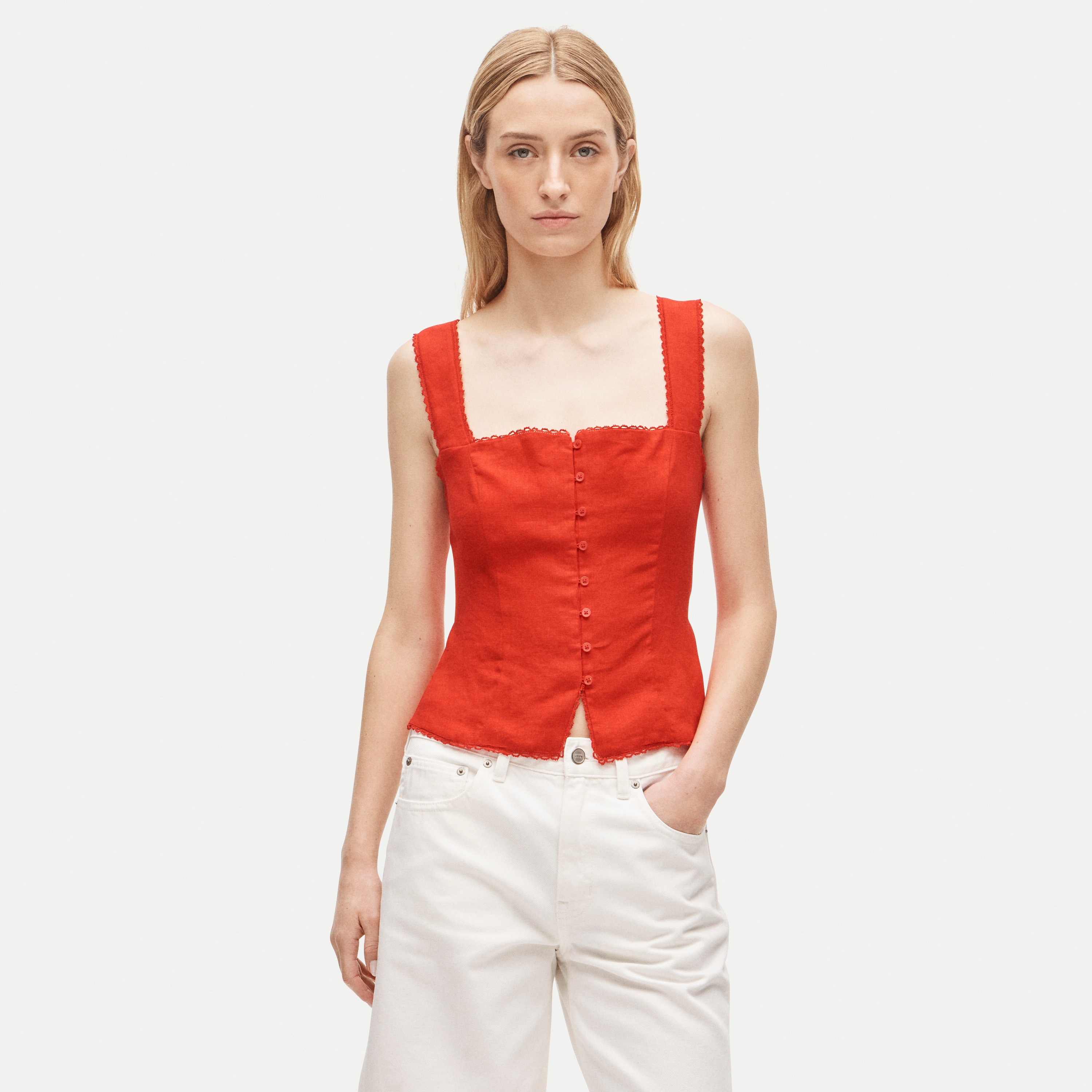 Lace-trim Button-up Tank Top In Linen For Women | J.Crew