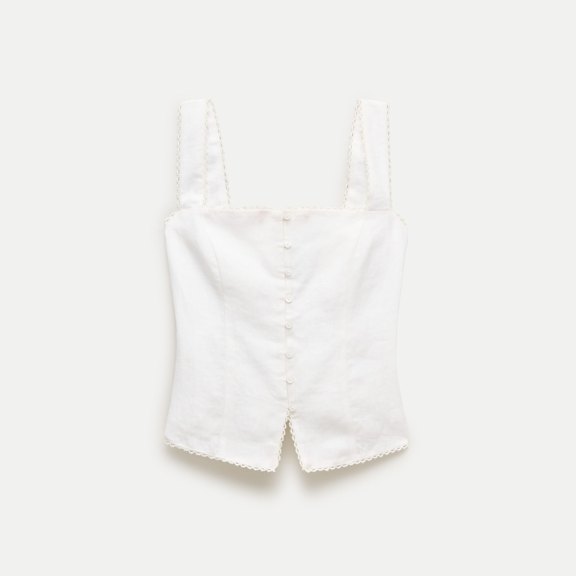 Lace-trim button-up tank top in linen