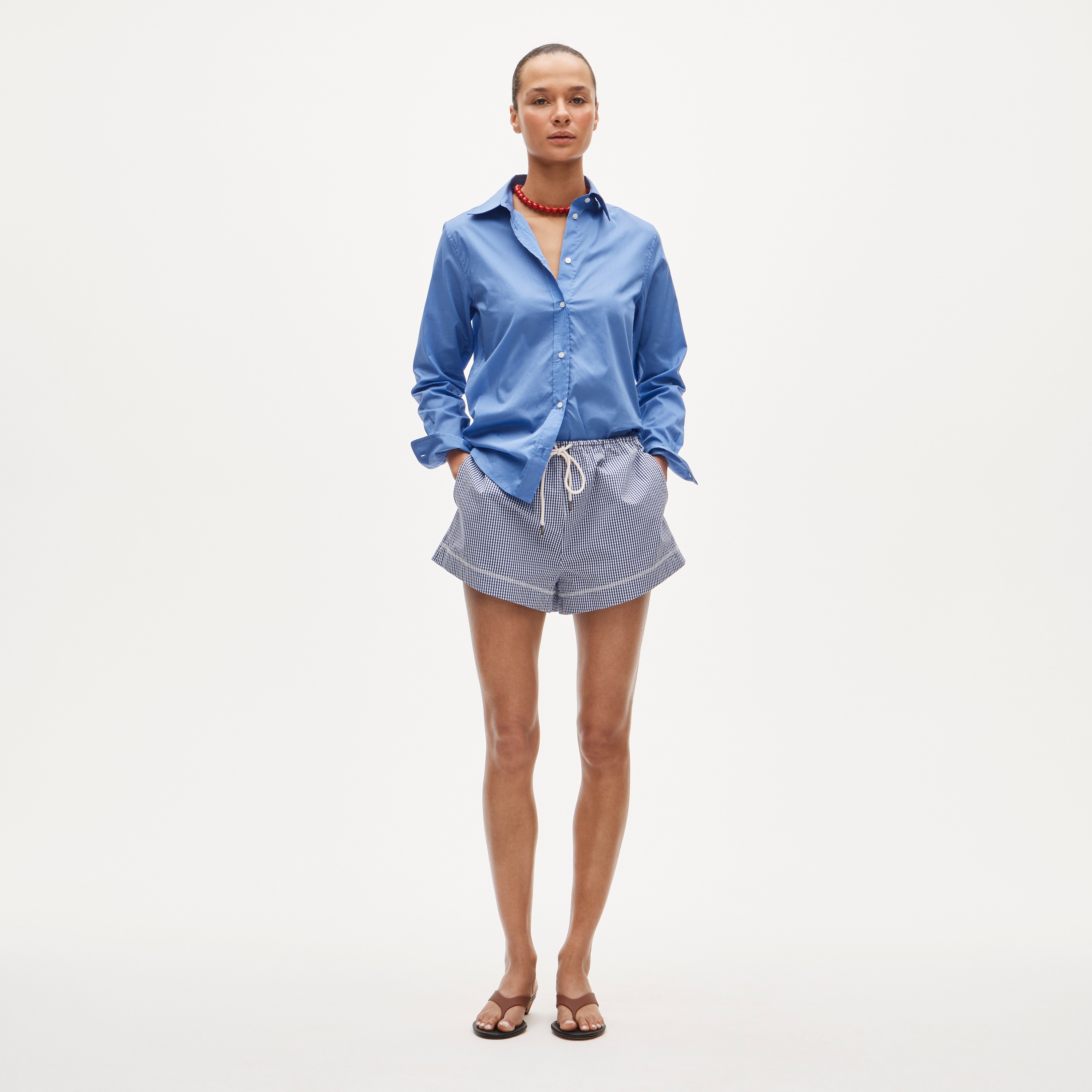 Cruise drawstring short in gingham cotton poplin