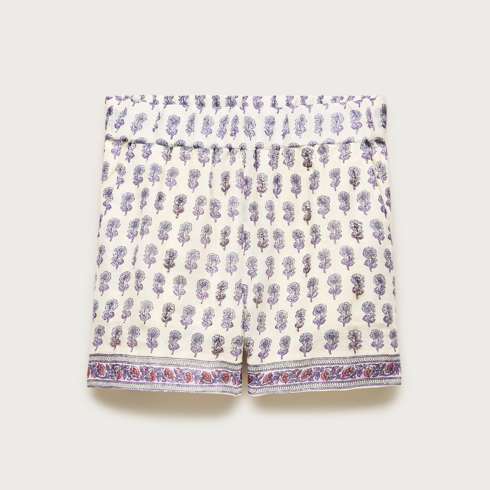 Embellished Tropez short in lilac block-print ramie
