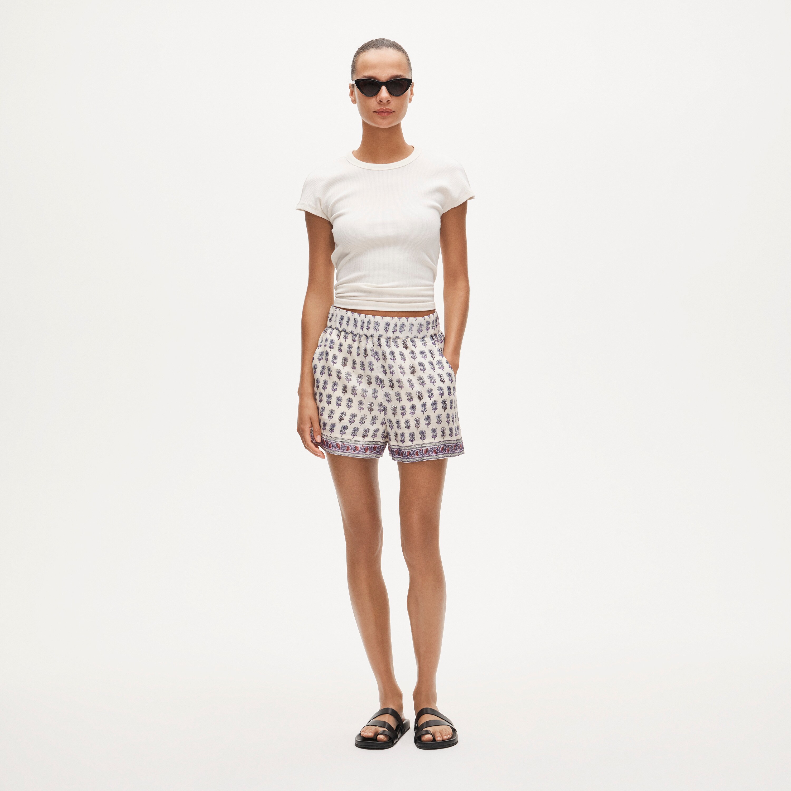 Embellished Tropez short in lilac block-print ramie