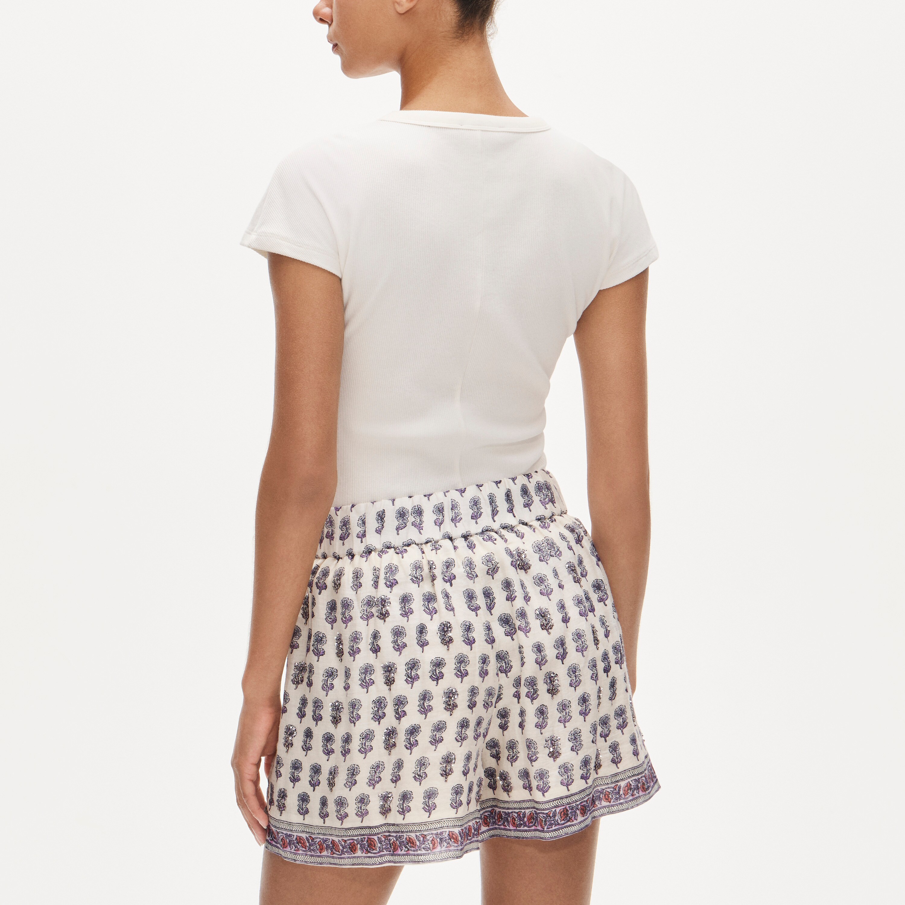 Embellished Tropez short in lilac block-print ramie